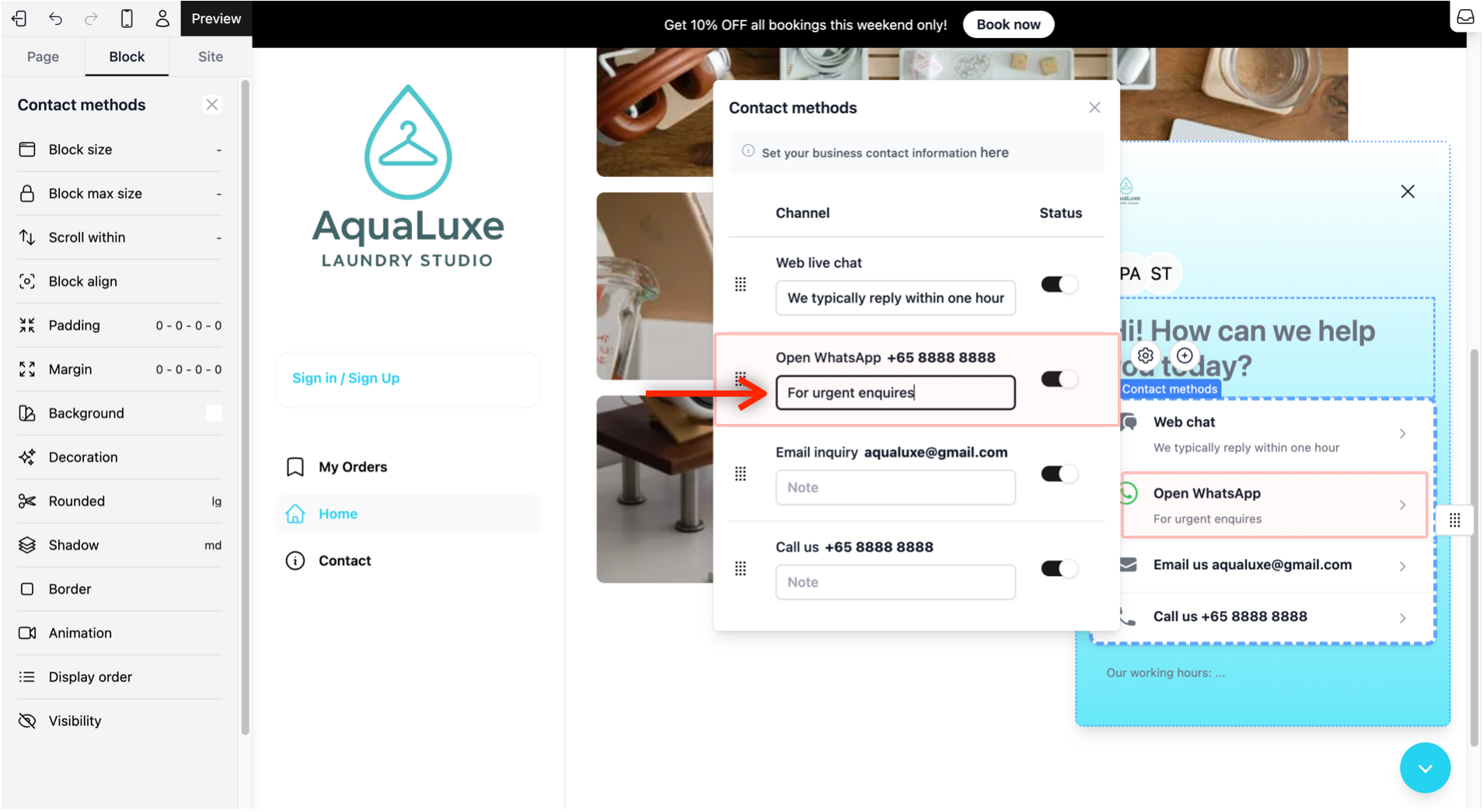 Add Descriptions: You can add a note for each contact method, such as "For urgent matters" under your WhatsApp.