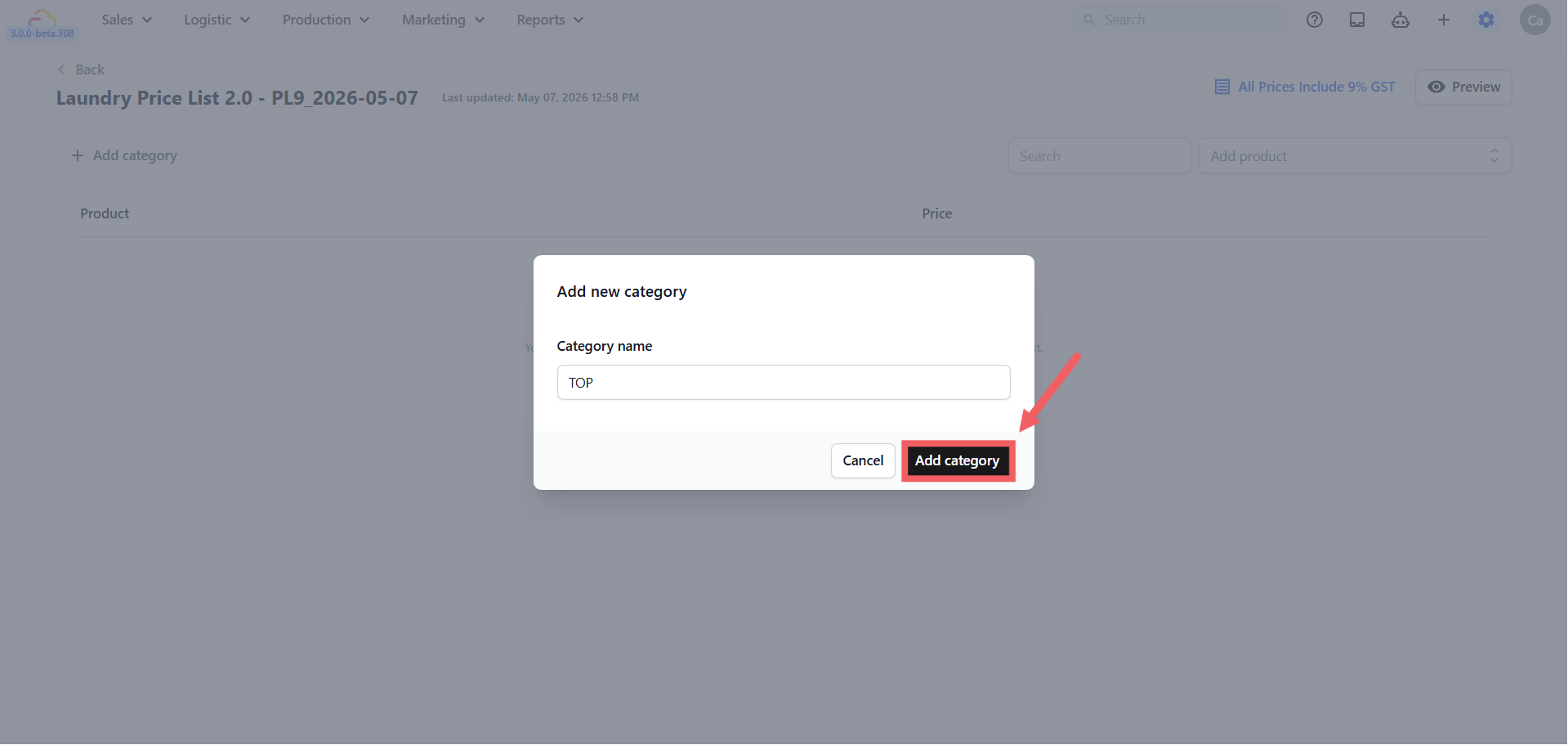 Click + Add category to open the Add new category dialog. Type a Category name (e.g. Bags, Curtains, Retail) and click Add category. Drag categories using the handle on the left to reorder. The order here is the order at POS.