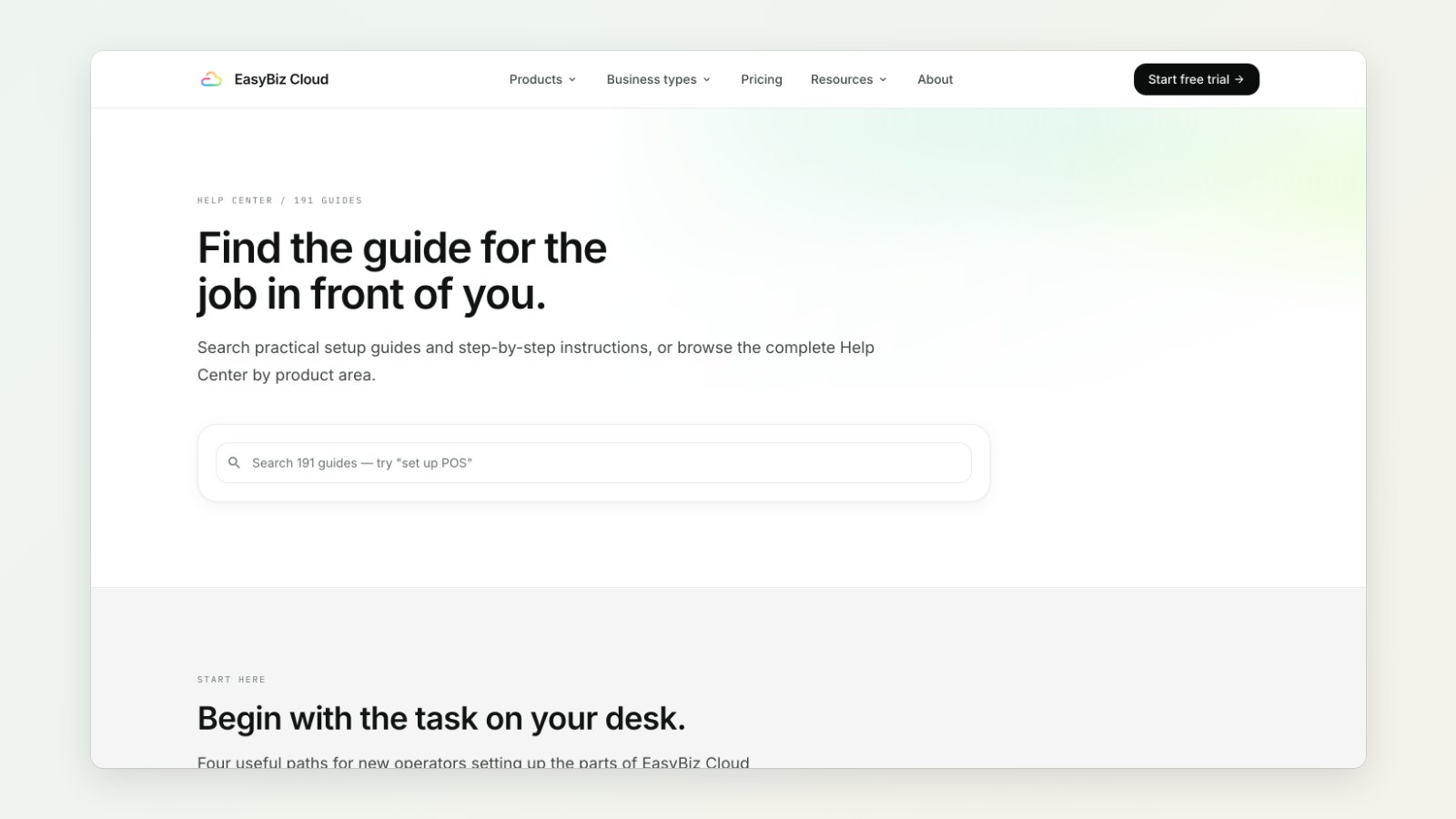 The EasyBiz Help Center home page with a search box for guides
