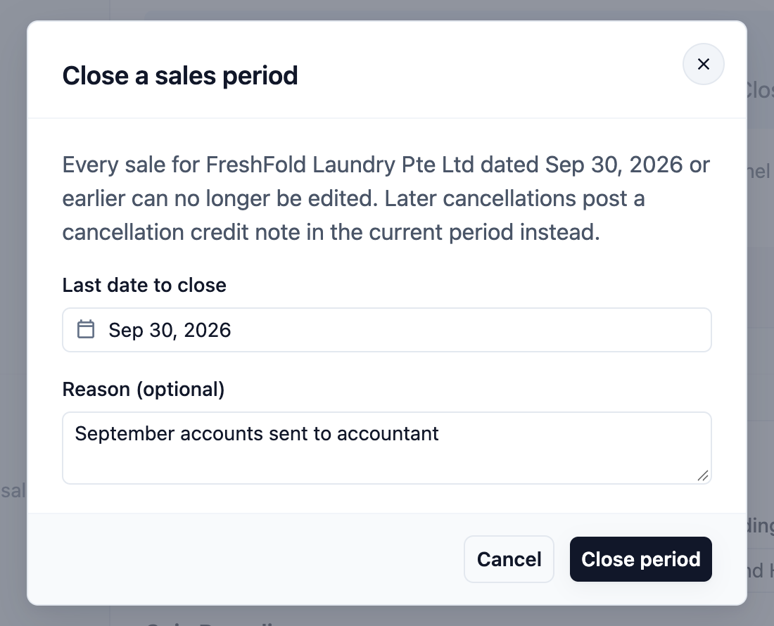 The Close a sales period window with 30 Sep 2026 picked and a reason typed