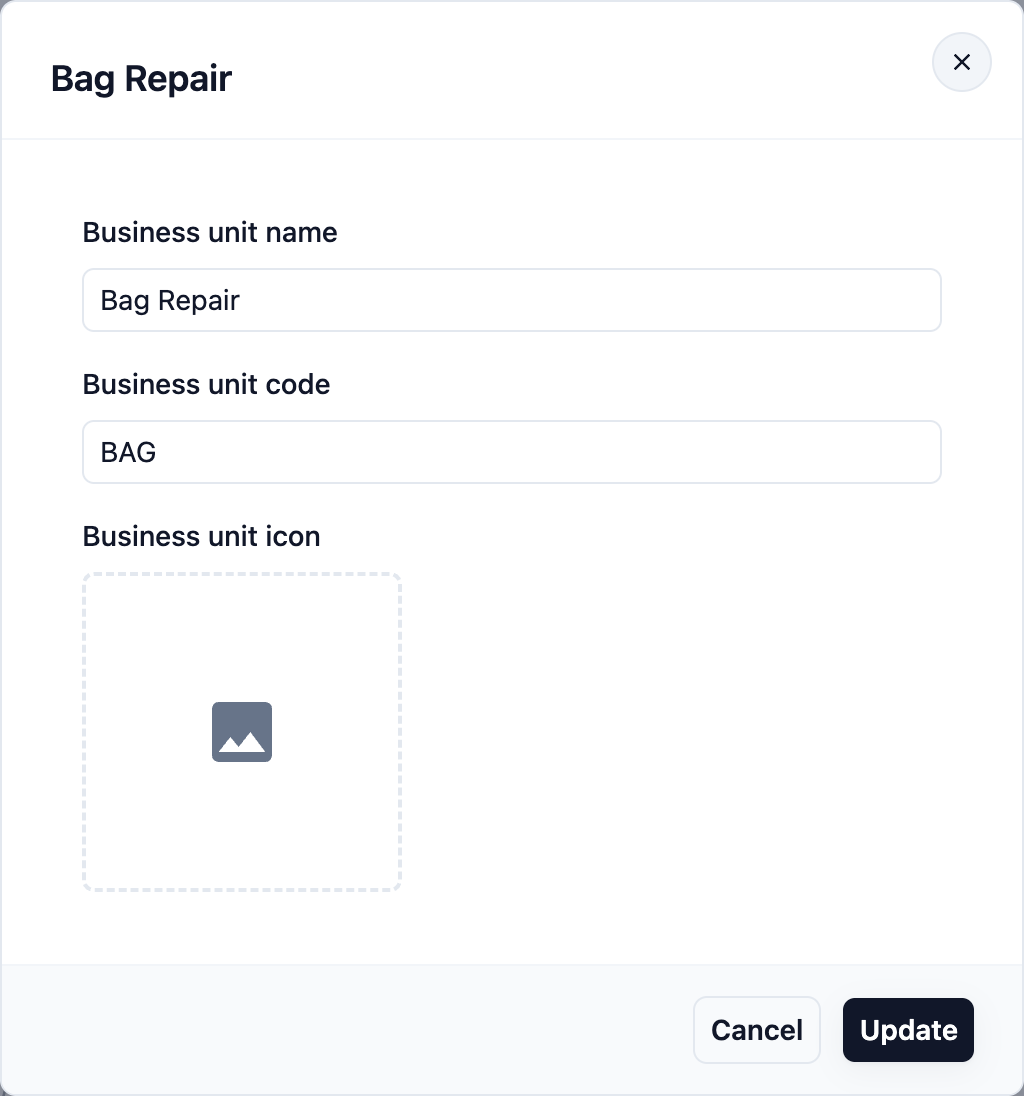The Bag Repair edit window with the Business unit name, code and icon fields and the Update button
