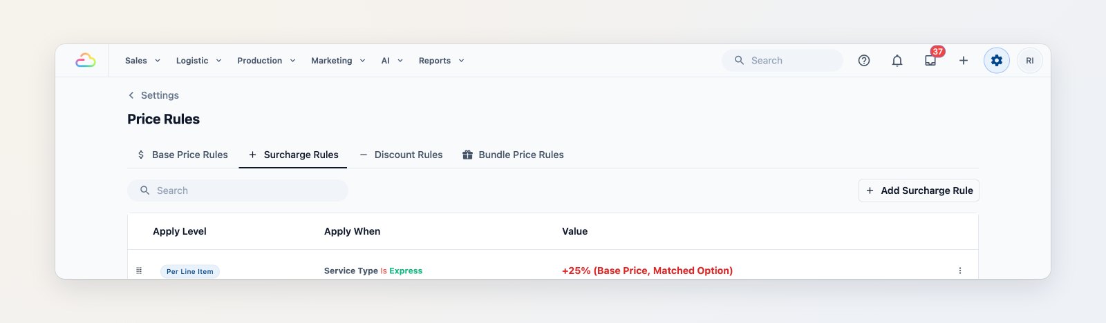 A surcharge rule adding 25% to the matched option when the service type is Express