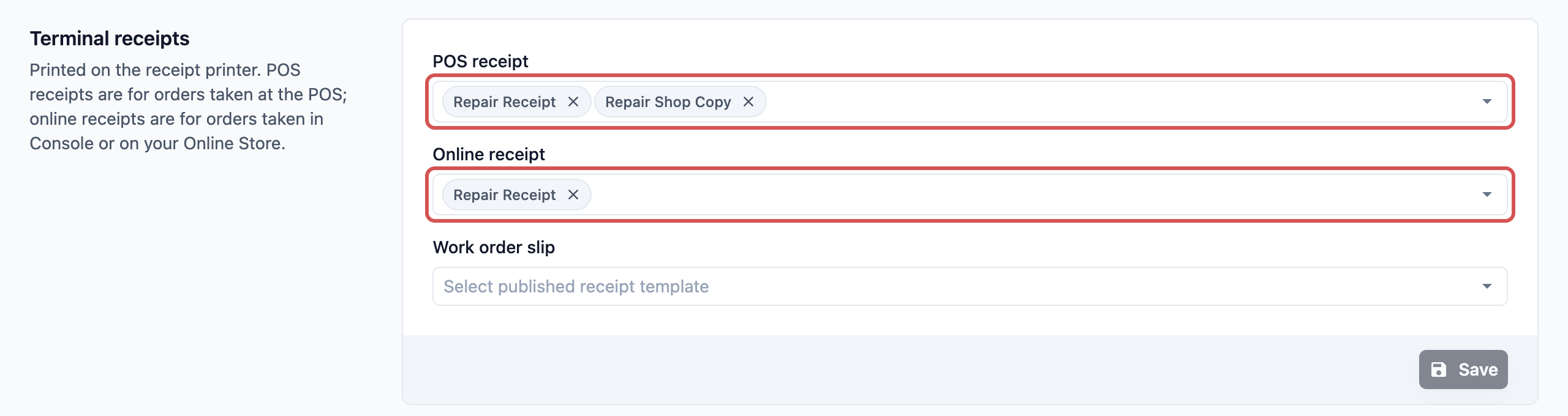 The Terminal receipts section with Repair Receipt and Repair Shop Copy chosen under POS receipt, and Repair Receipt chosen under Online receipt