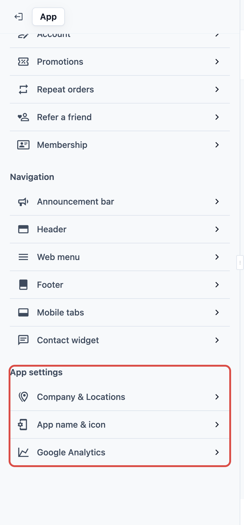 App settings in the store editor, with Google Analytics