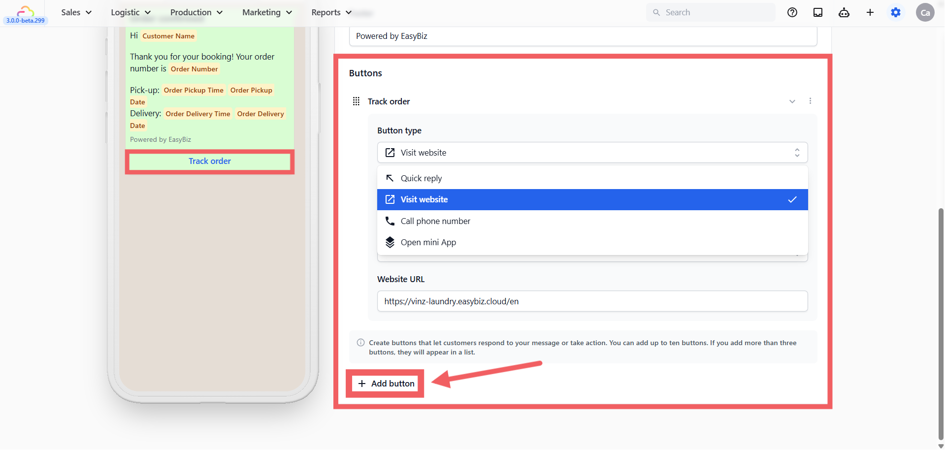 Open Mini App → Opens a booking or order form inside WhatsApp. Select which Mini App to link.  Learn more about Mini Apps