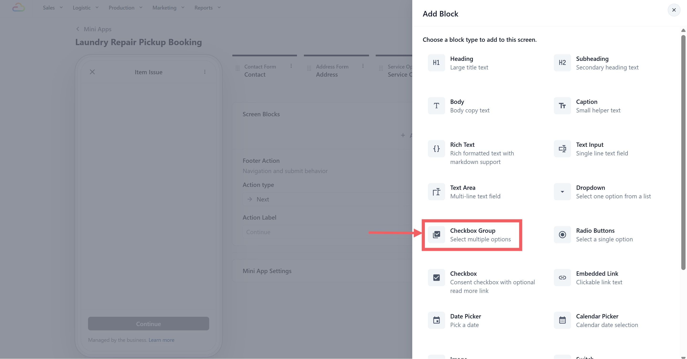 Add checkbox group to Item issue screen