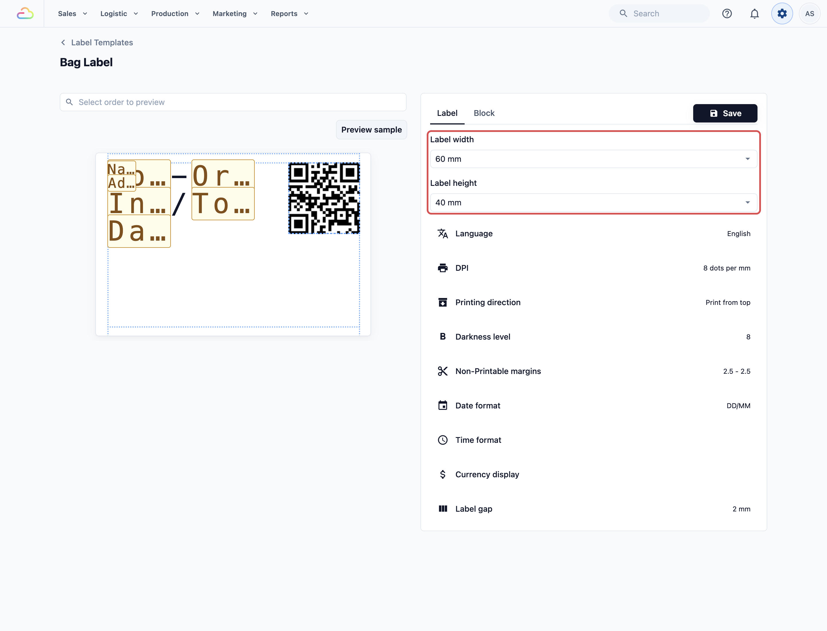 The package label editor showing the 60mm x 40mm layout and the Label tab settings