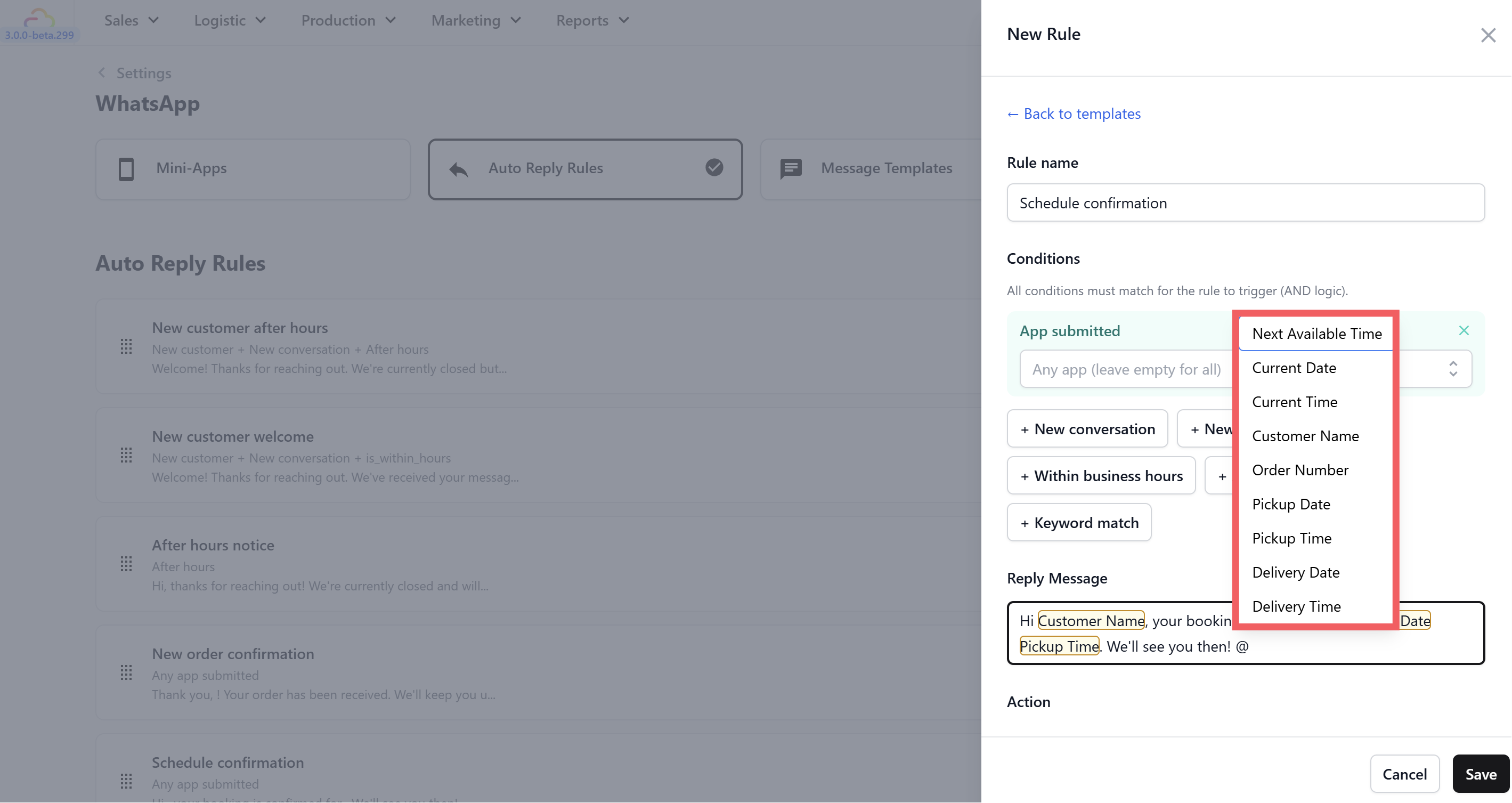 Type your message in the Reply Message field. Type @ to insert placeholders — EasyBiz fills these in automatically with real information when the message sends.