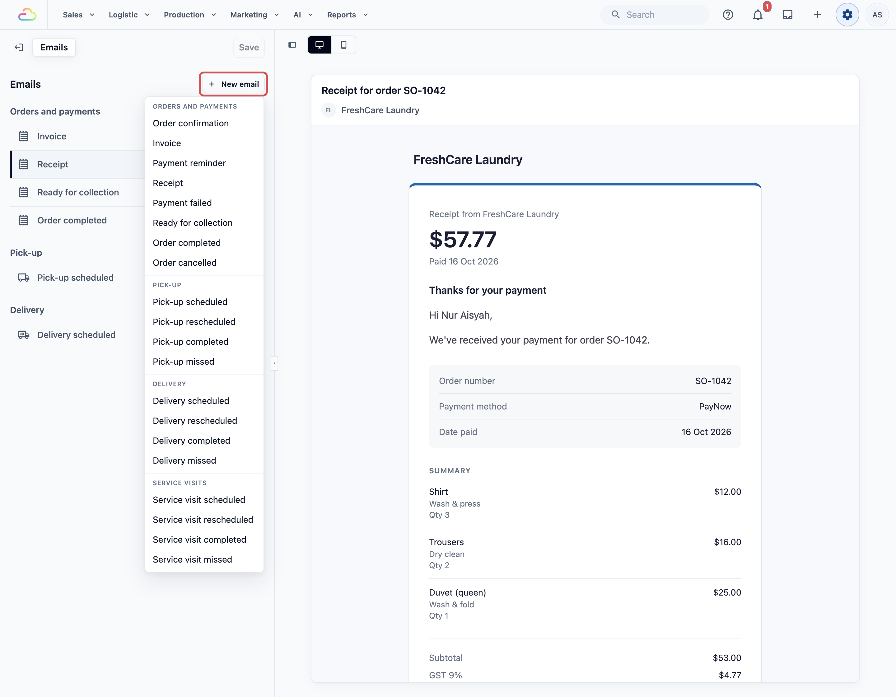 New email menu showing the Orders and payments, Pick-up, Delivery and Service visits groups