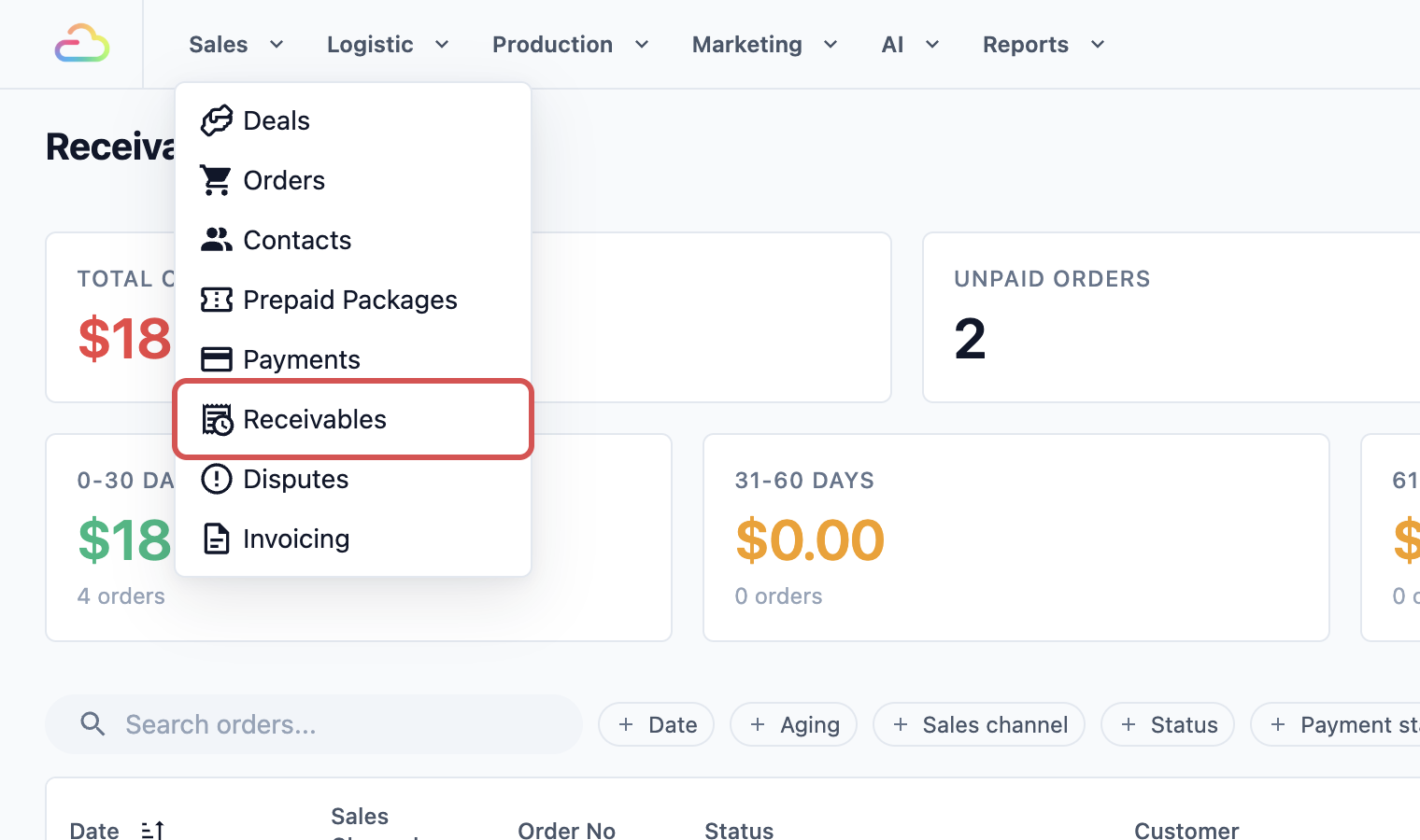 The Sales menu open in the menu bar, with Receivables marked
