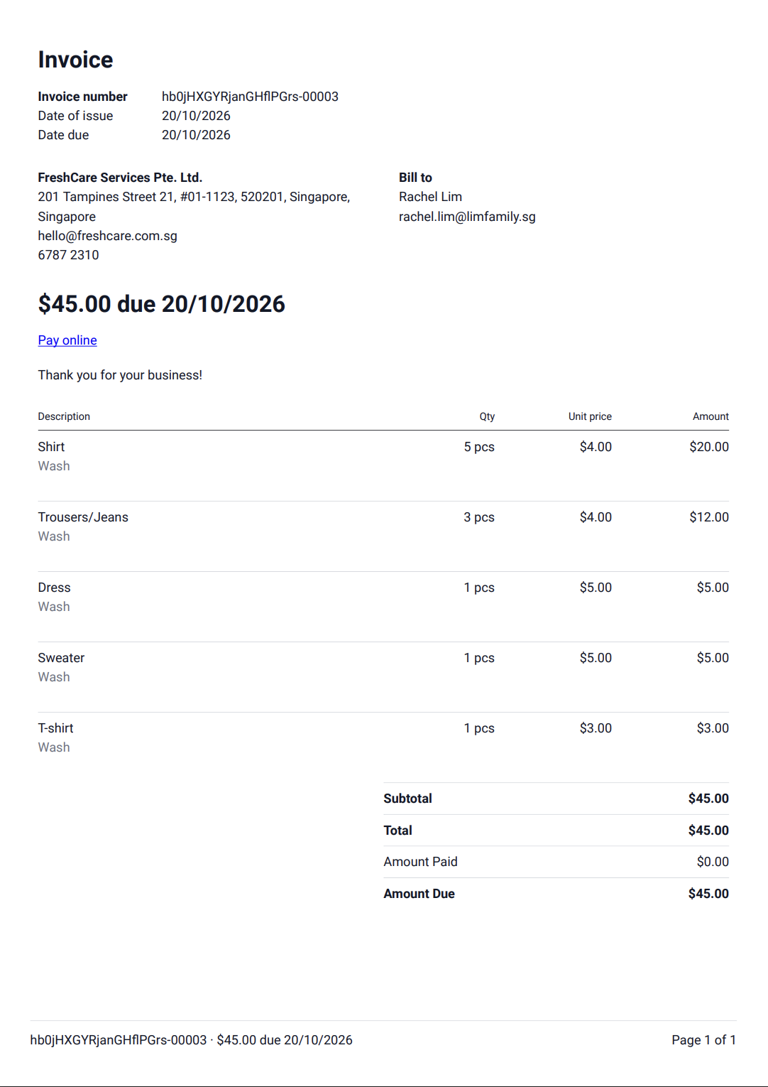 A finished Order Invoice PDF for a laundry order with S$45.00 due