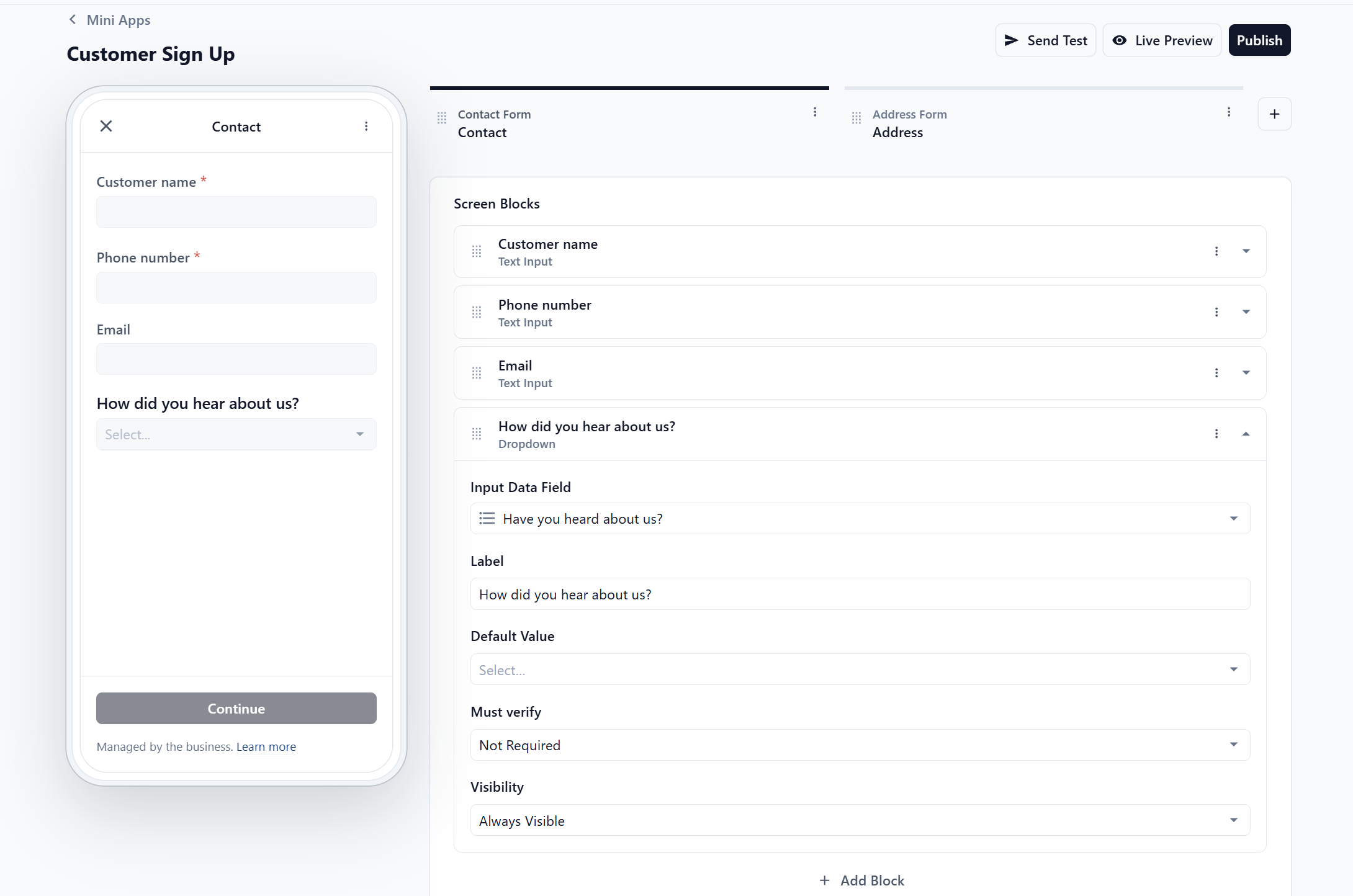 Dropdown block settings