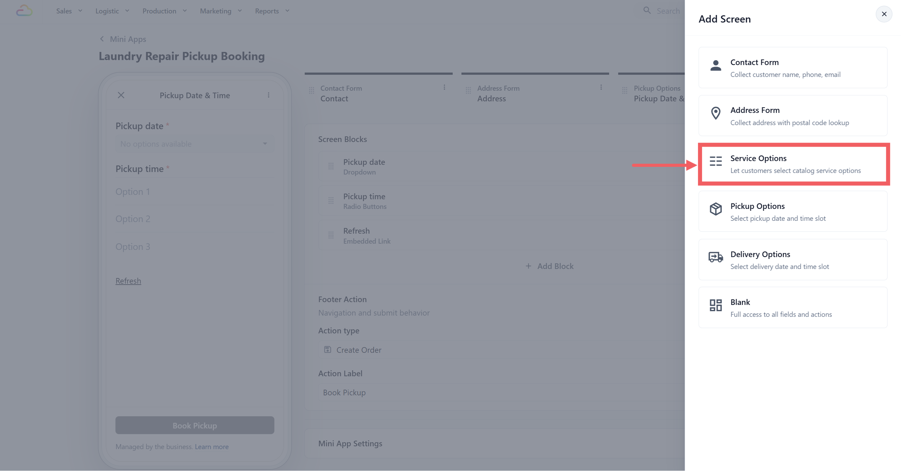 The Add Screen drawer with the Service Options card selected