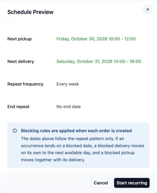 Schedule Preview showing Friday, October 30 pickup, Saturday, October 31 delivery, Every week, and No end date.