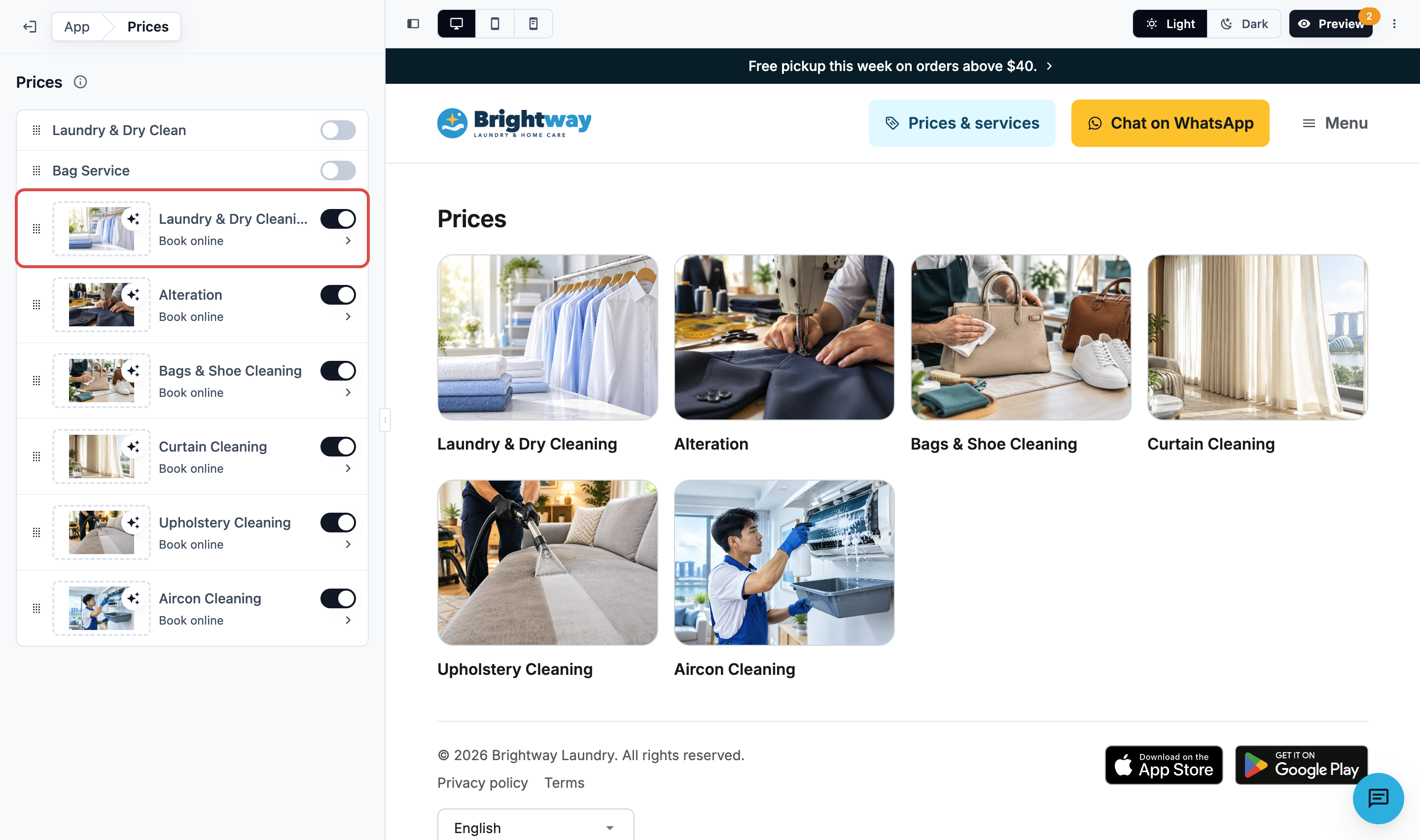 The store editor's Prices page settings, with the Laundry &amp; Dry Cleaning unit switched on