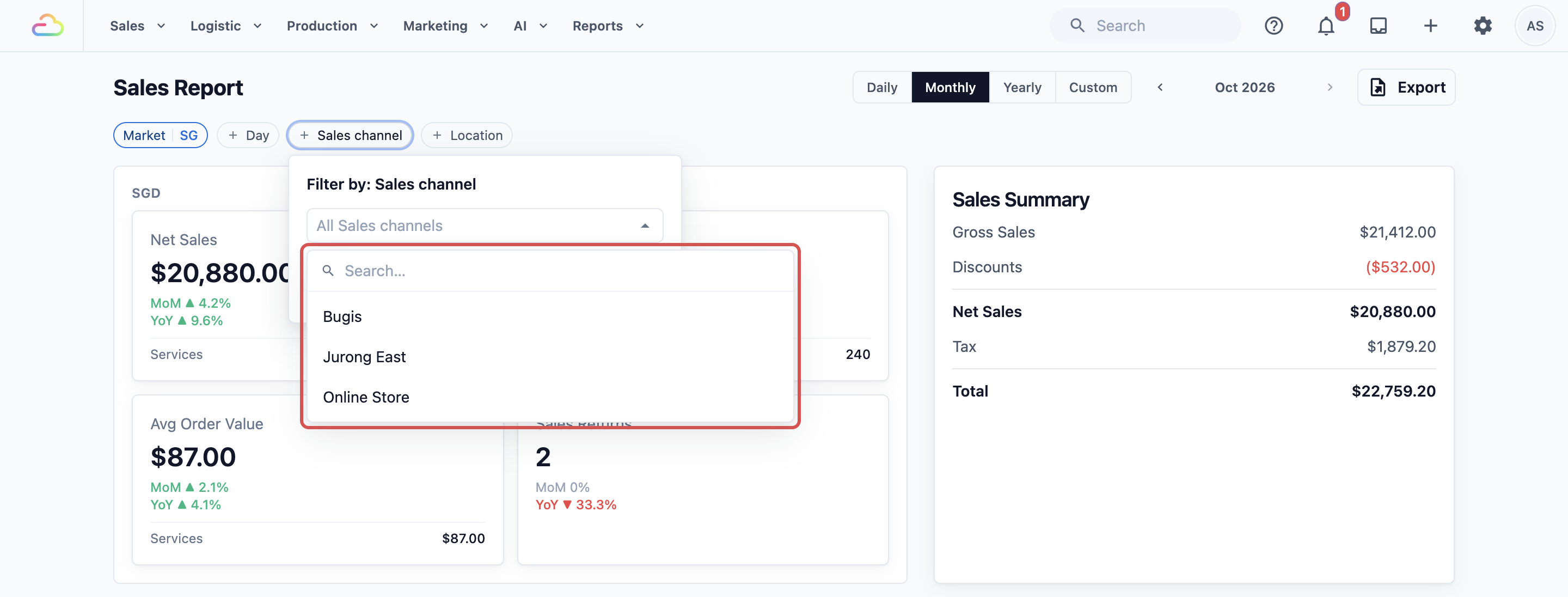 The Sales channel filter open, listing the Bugis and Jurong East outlets and the Online Store