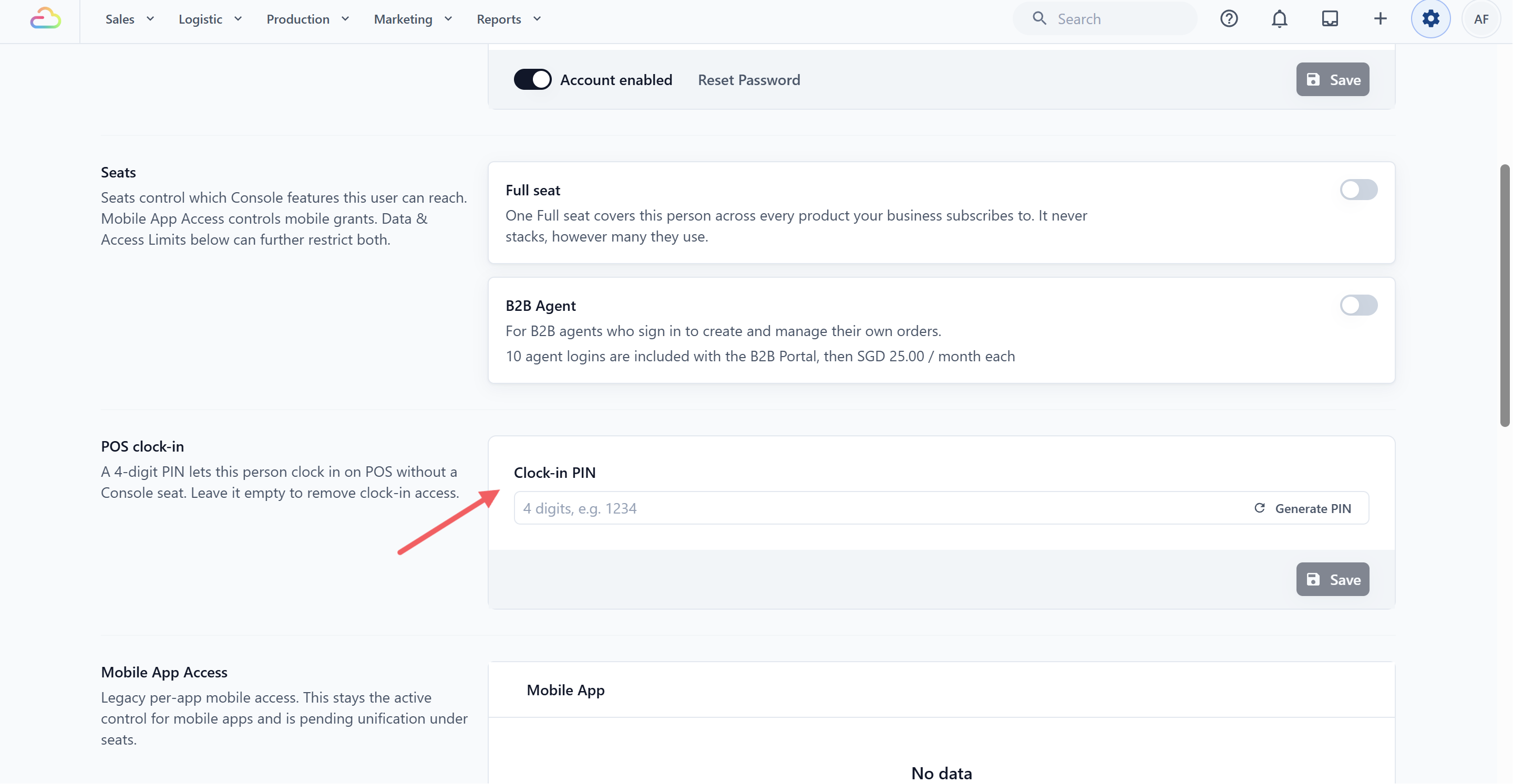 POS Clock in PIN