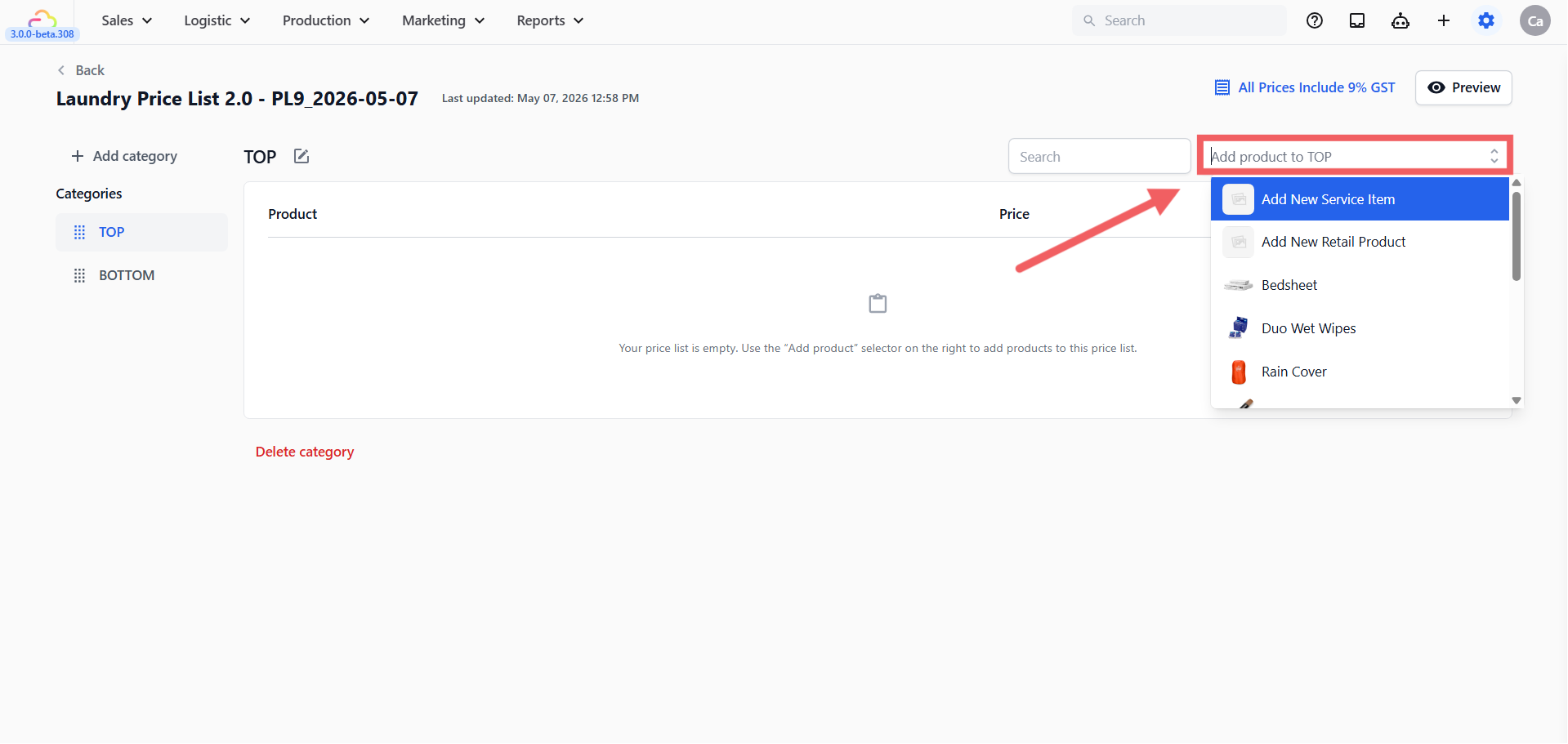 Click the Add product to  category  dropdown at the top right. You see three options: