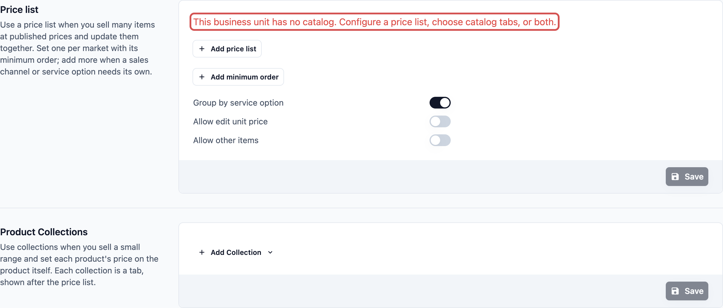 The Catalog tab of a new Laundry business unit, with the red "This business unit has no catalog" message above Add price list