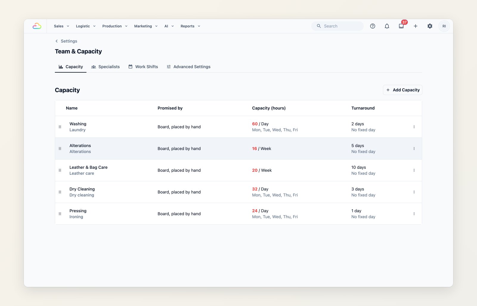 Capacity settings listing each kind of work with its daily or weekly limit and turnaround
