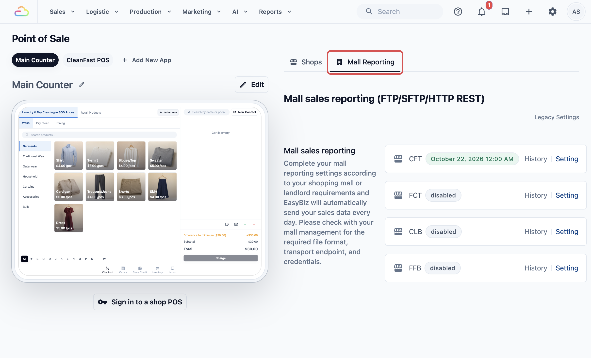 The Mall Reporting tab on the Point of Sale page, with one card per shop. The CFT shop shows its next upload date and the others show disabled