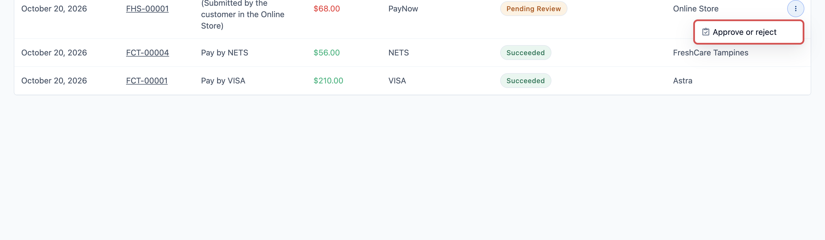Sales › Payments with a Pending Review PayNow payment of $68.00 for order FHS-00001, its ⋮ menu open and Approve or reject marked