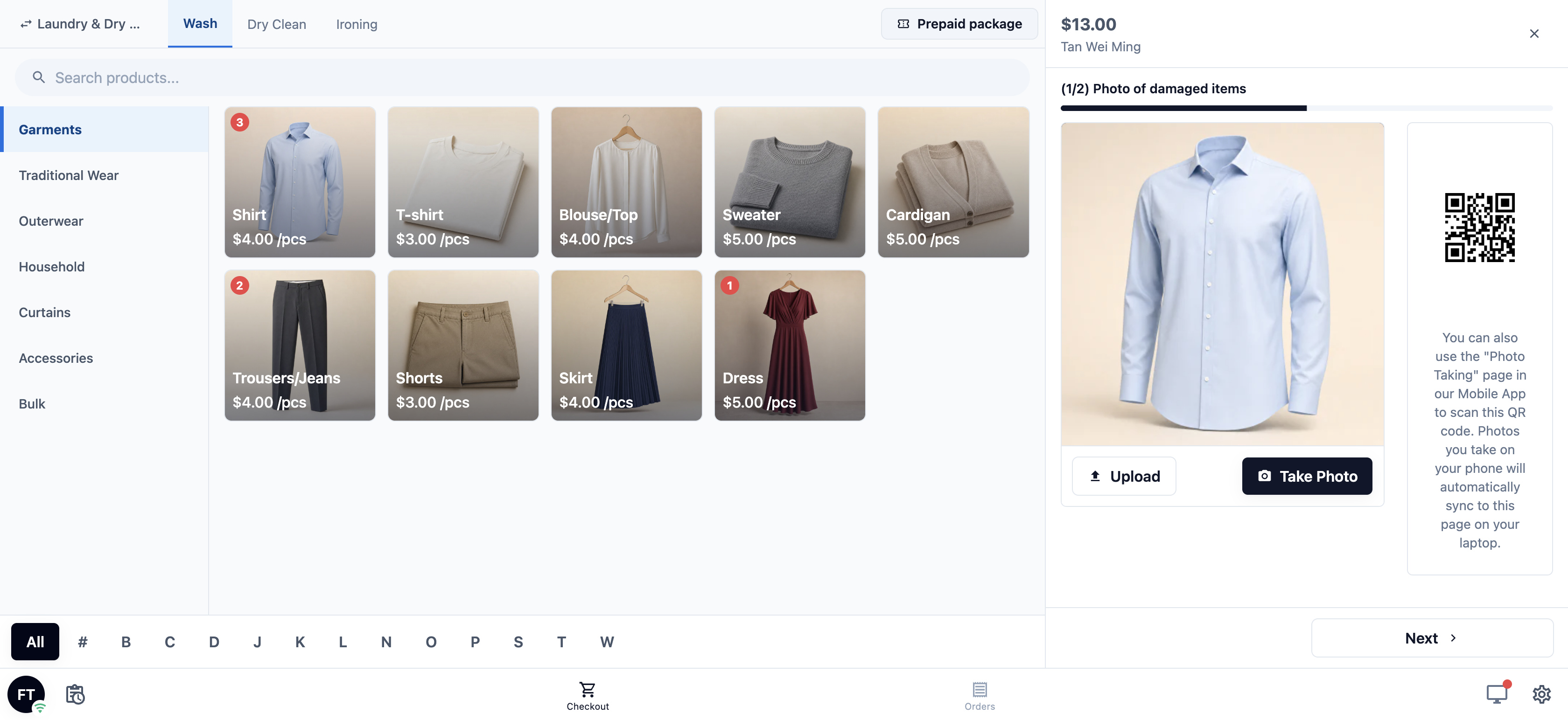 The POS checkout on the (1/2) Photo of damaged items step, with the total and customer at the top, the progress bar, the camera and the Next button