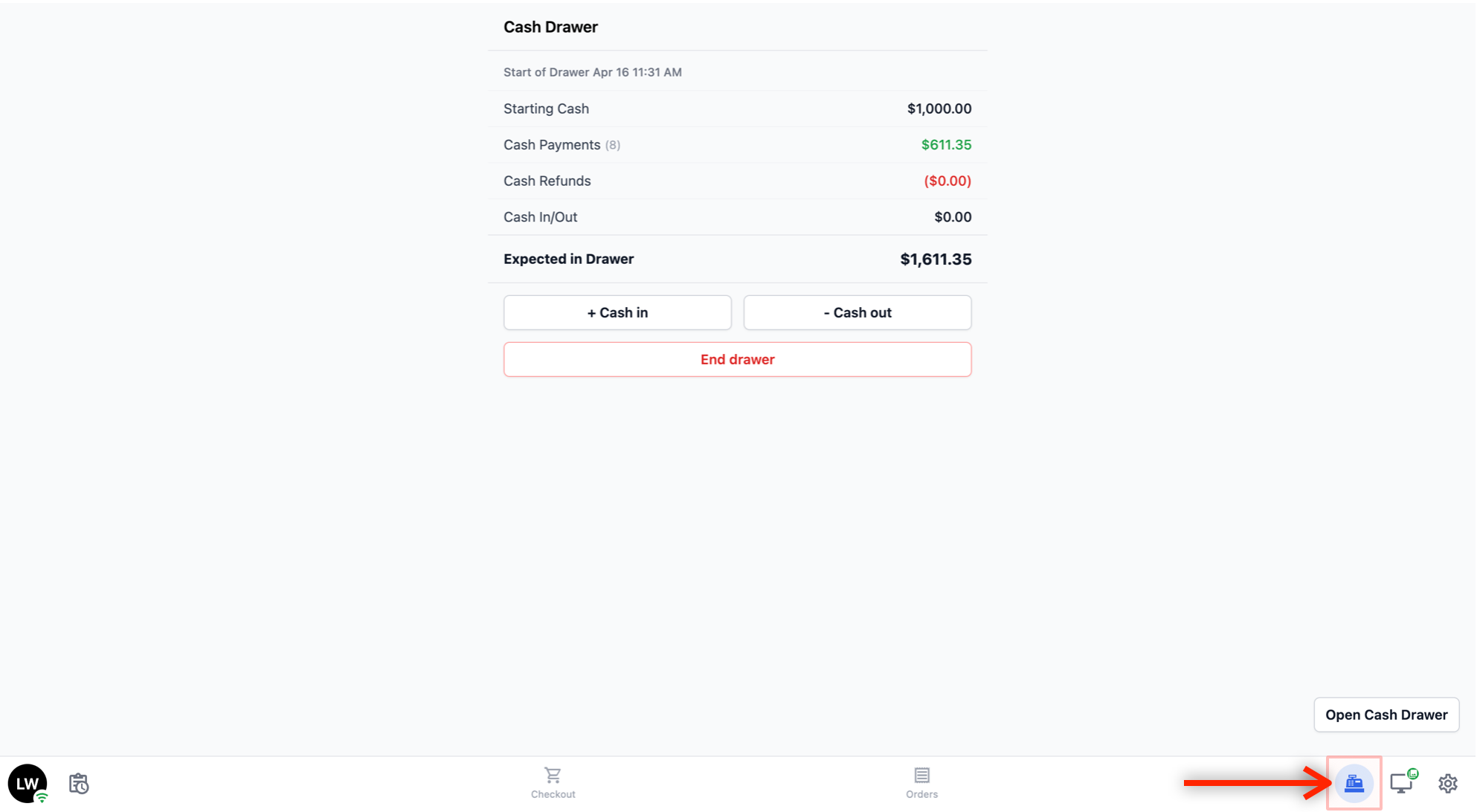 Tap the cash register icon on the right side of the bottom navigation bar to open the Cash Drawer page.