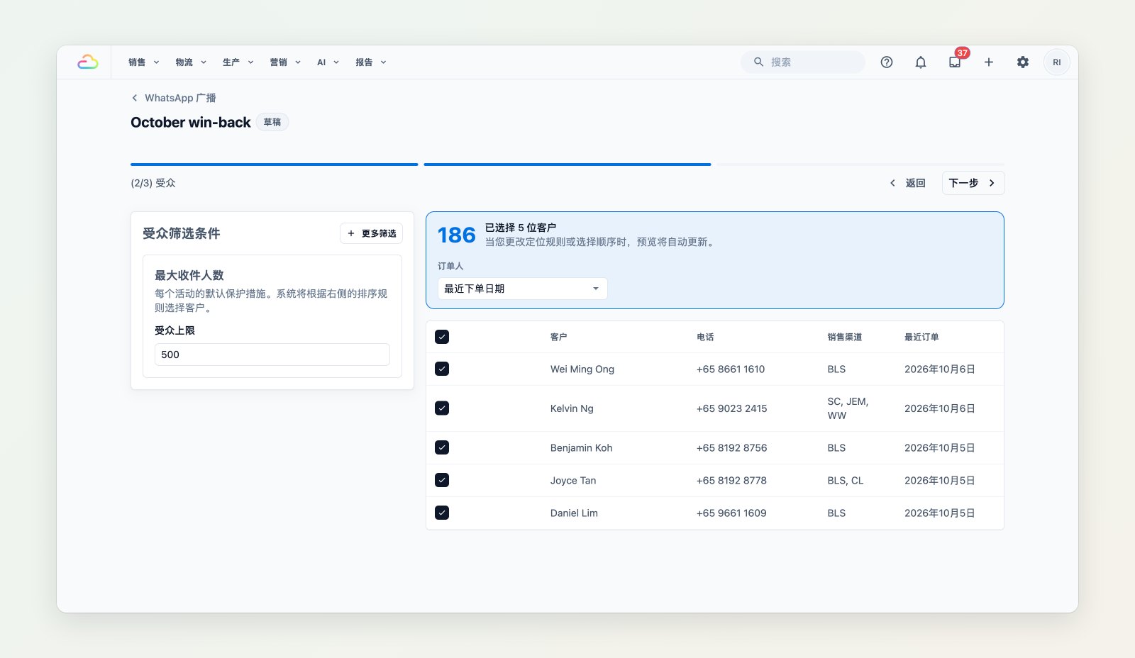 WhatsApp 营销活动,显示其模板、发送对象和每条消息的状态