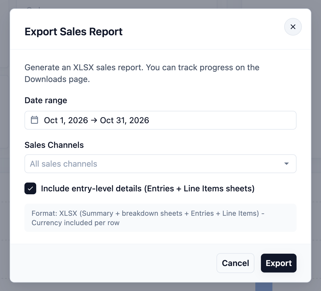 The Export Sales Report window with a one-month Date range, All sales channels and the entry-level details box ticked