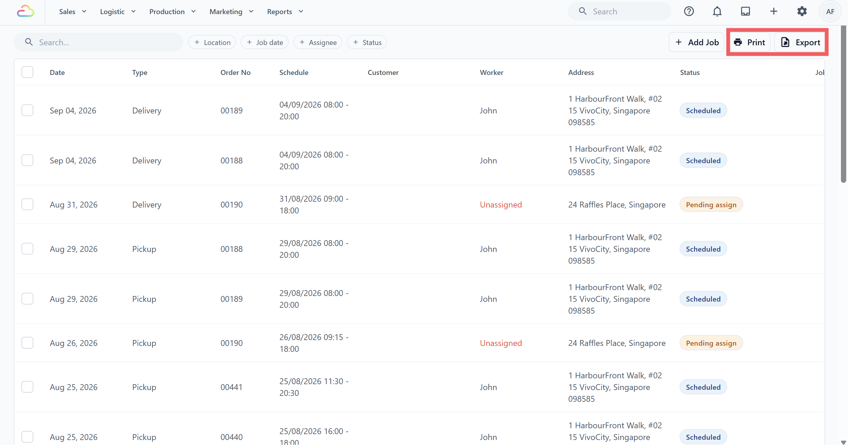 Screenshot placeholder: Current Job Table toolbar with Print and Export controls highlighted.