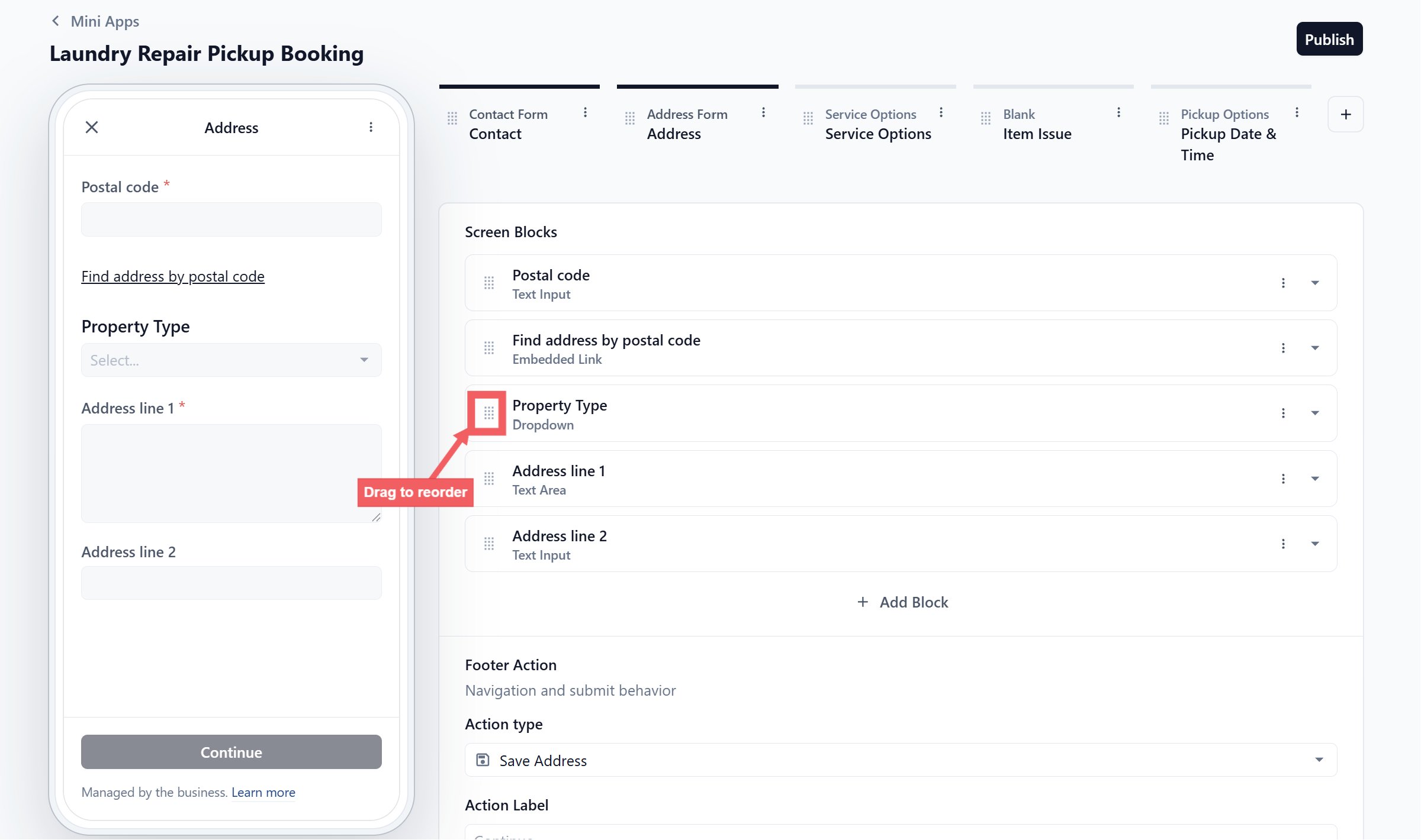 Reorder address type screen