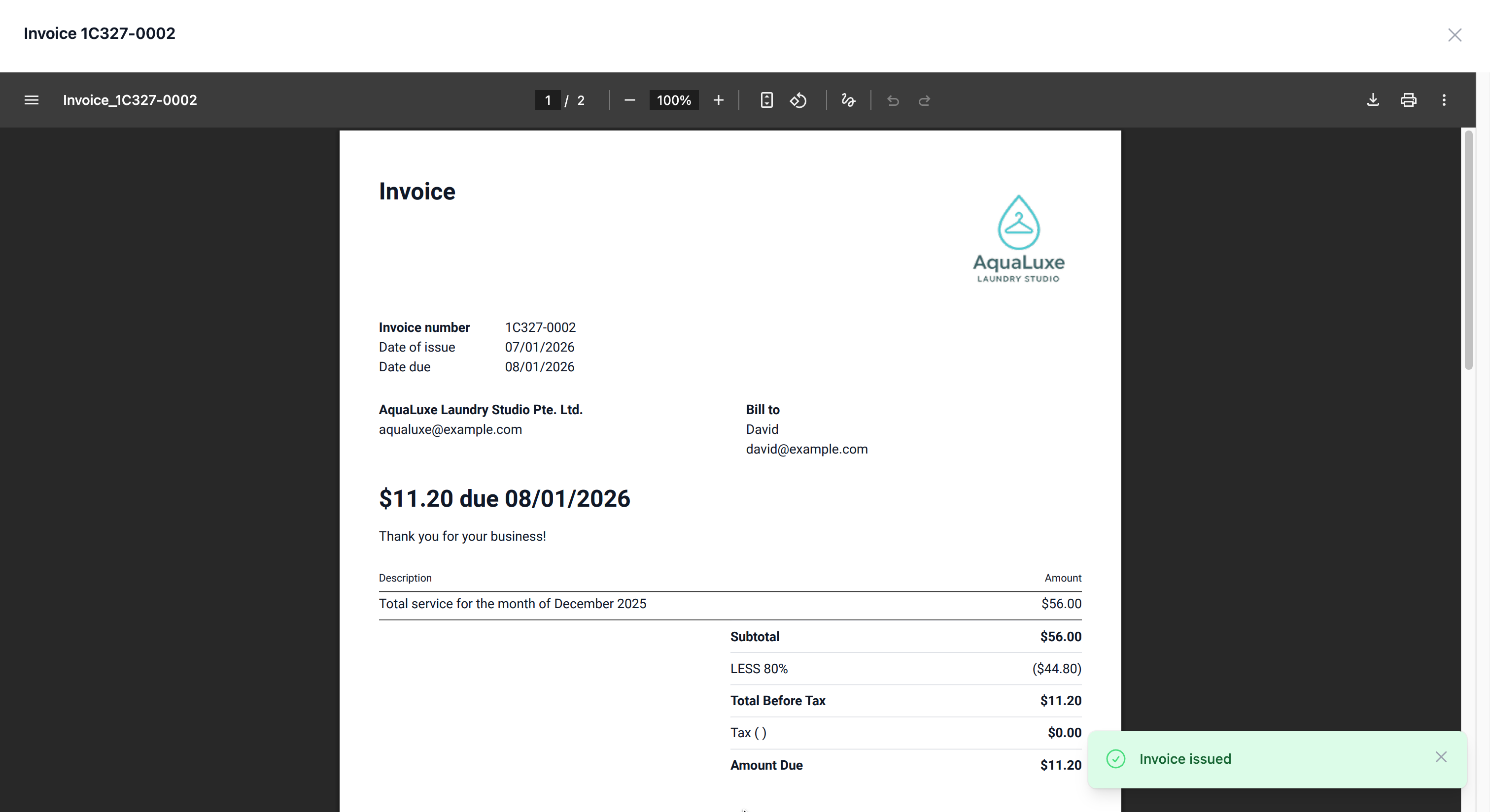 Once it issues out the invoice to the agent, the page will automatically update to display the successfully issued invoice and a success message "Invoice Issued" will appear at the bottom right of your screen.