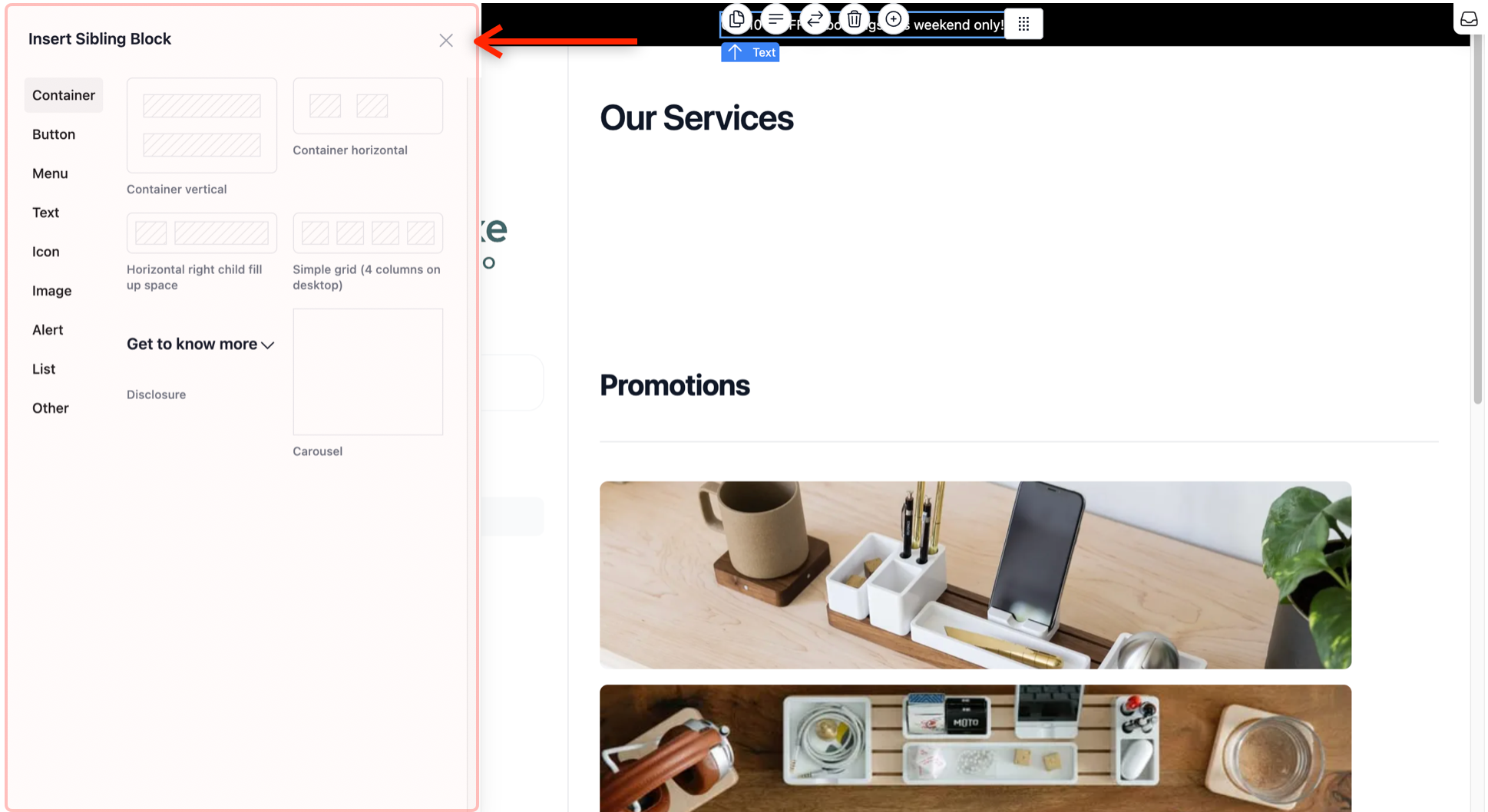 A window will pop up on the left, where you can choose the type of block you want from the sidebar in the pop-up window, and the templates will appear on the right.