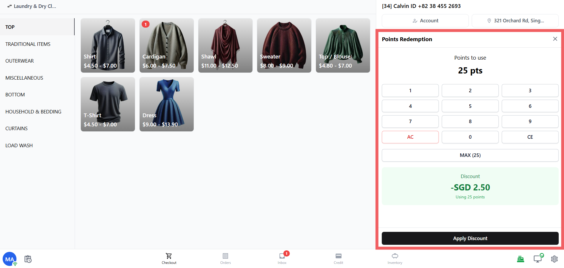 To redeem a specific number of points instead, staff tap the points row itself. A Points Redemption panel opens where they can enter a custom amount, tap MAX to use all points, and see the discount update in real time before tapping Apply Discount to confirm.