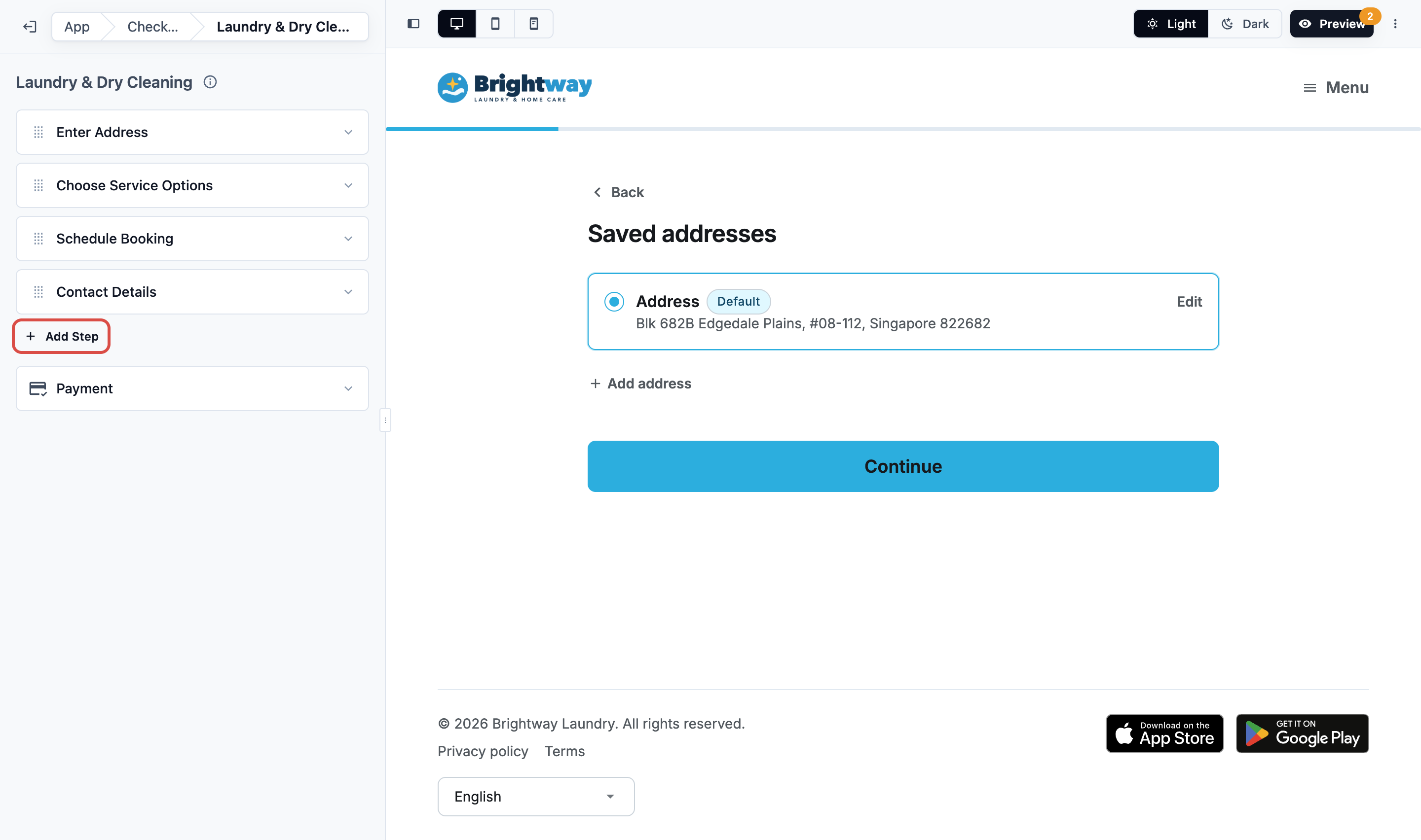 A business unit's checkout steps in the editor: Enter Address, Choose Service Options, Schedule Booking, Contact Details and Payment