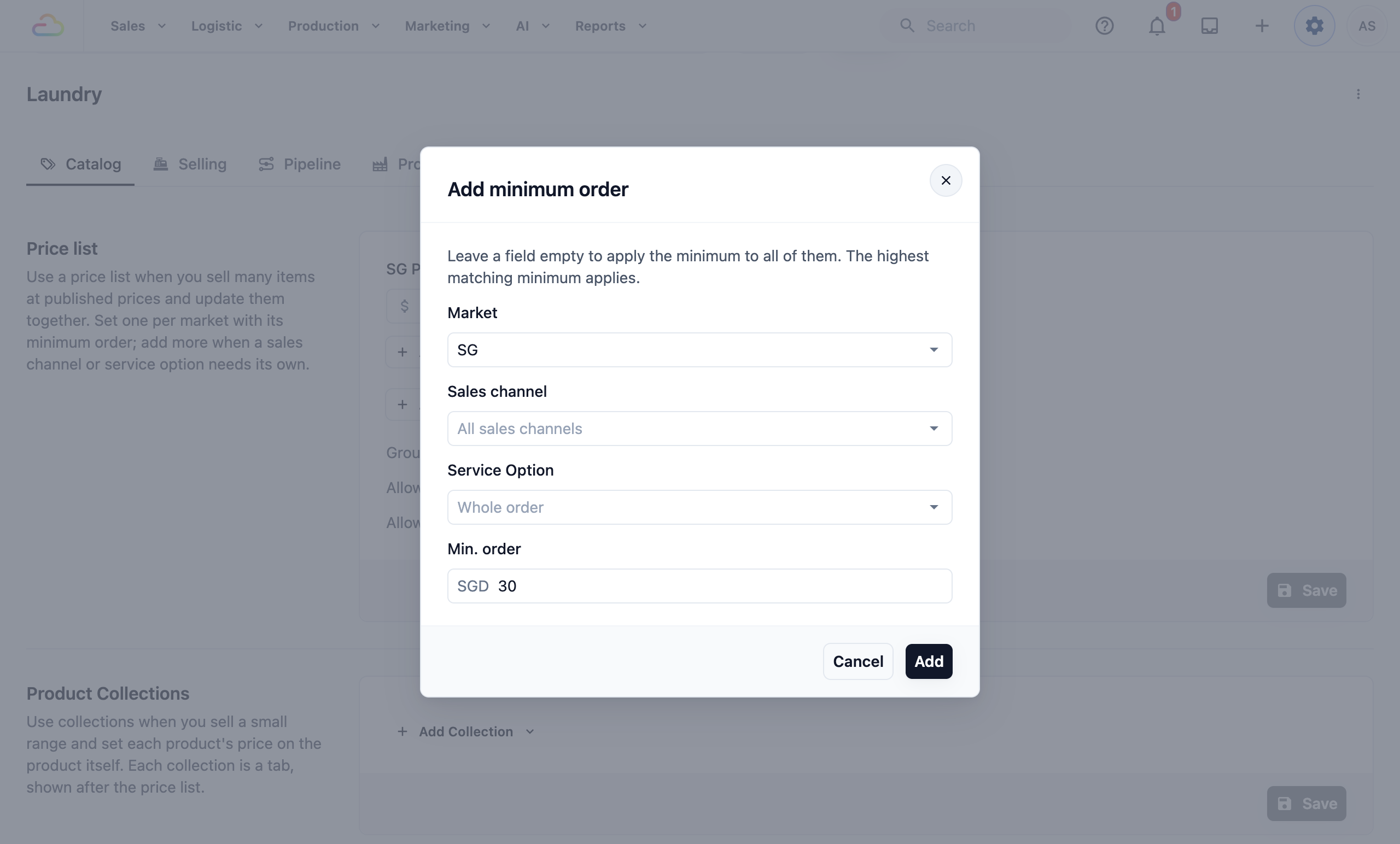 The Add minimum order window, with Sales channel on All sales channels, Service Option on Whole order and SGD 30 in Min. order