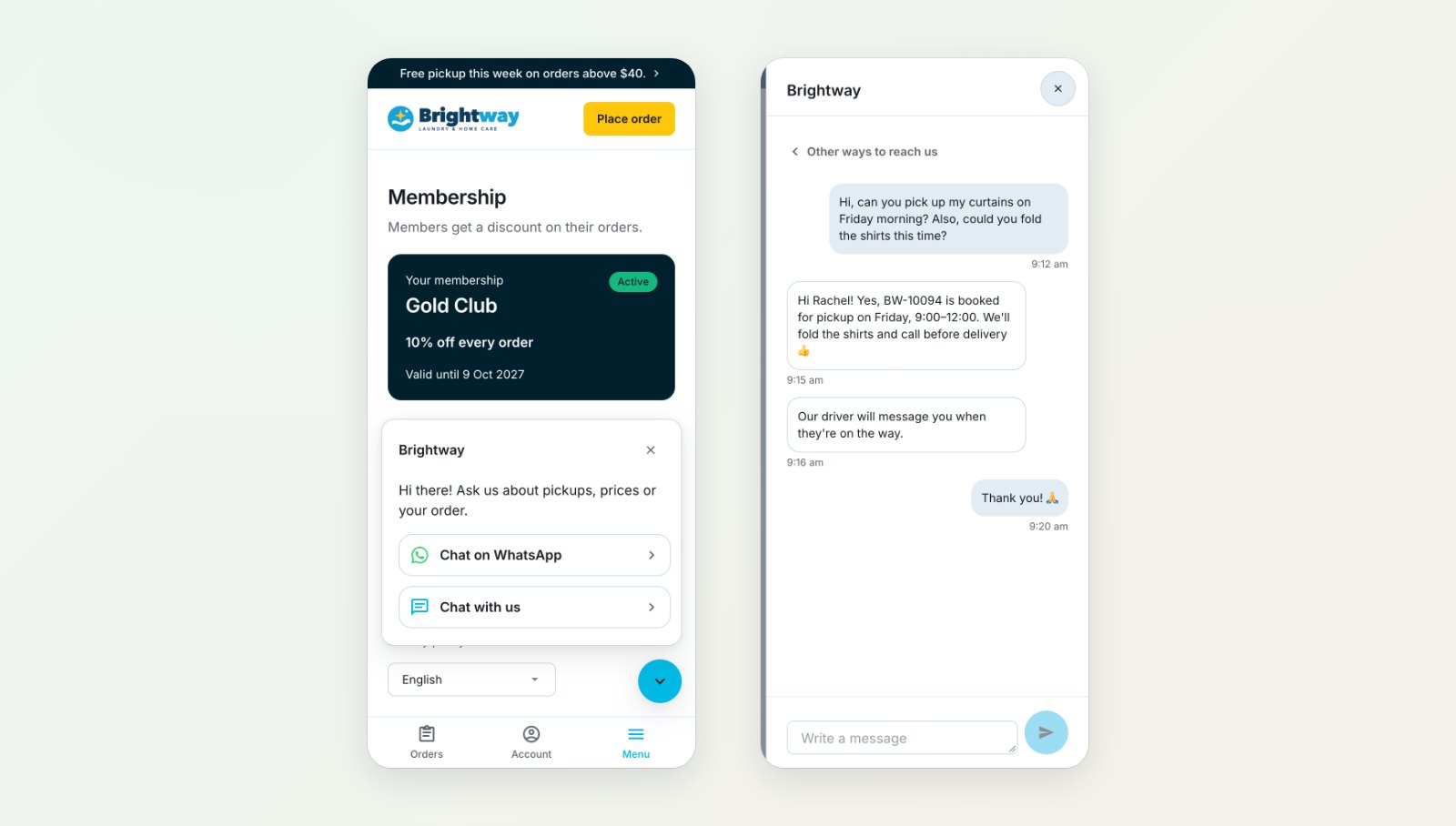 The store's contact options with WhatsApp and live chat, beside a live chat conversation about a pickup