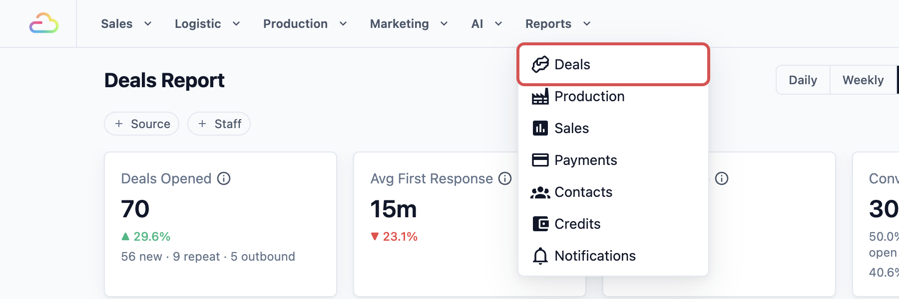 The Reports menu open in the top menu, with Deals highlighted