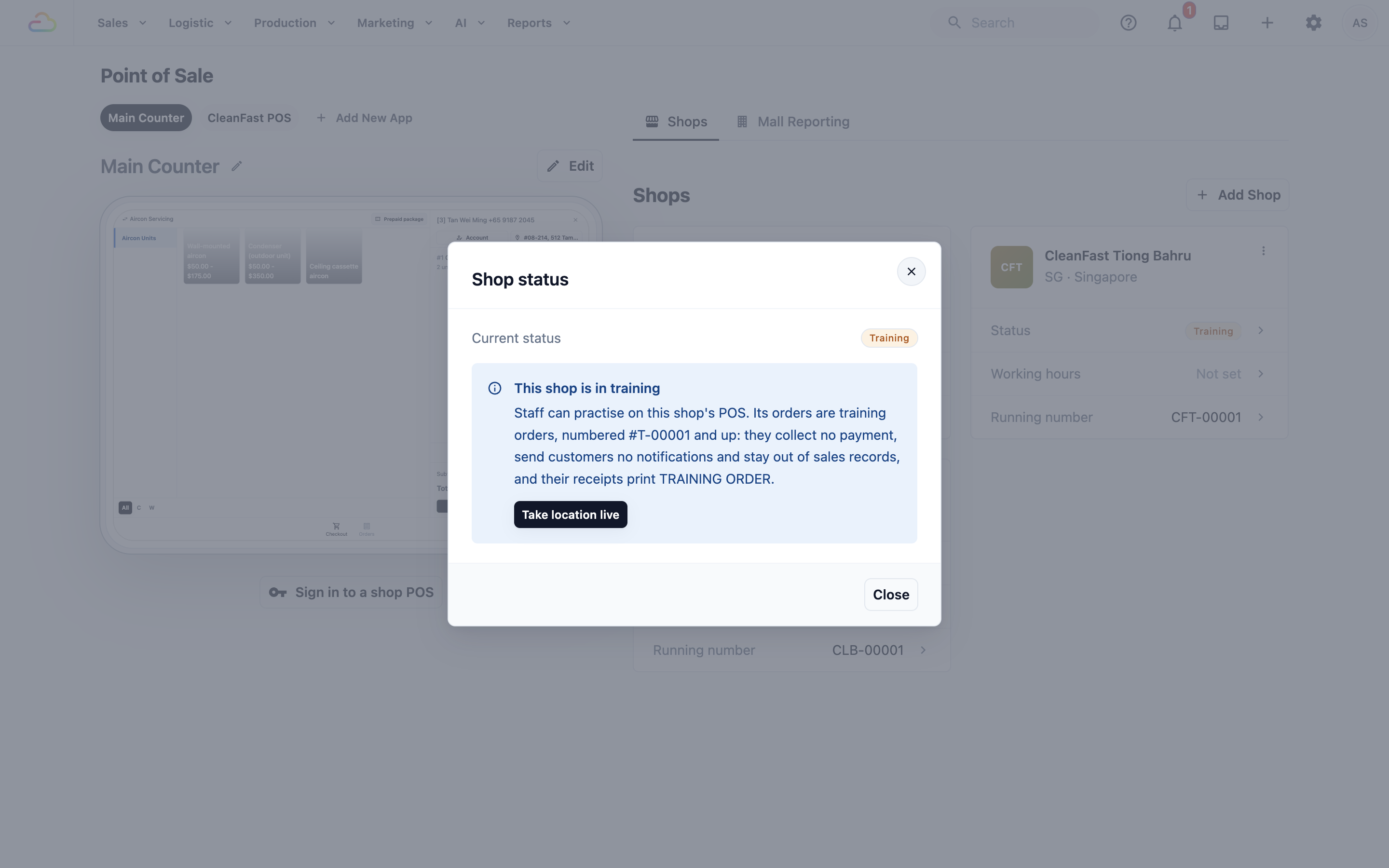 A training shop's status: staff can practise on its POS, and a billing administrator can take the location live.