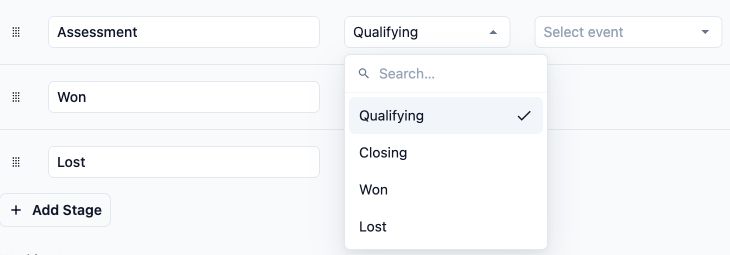 Assessment stage with the Type menu open, showing Qualifying, Closing, Won and Lost.