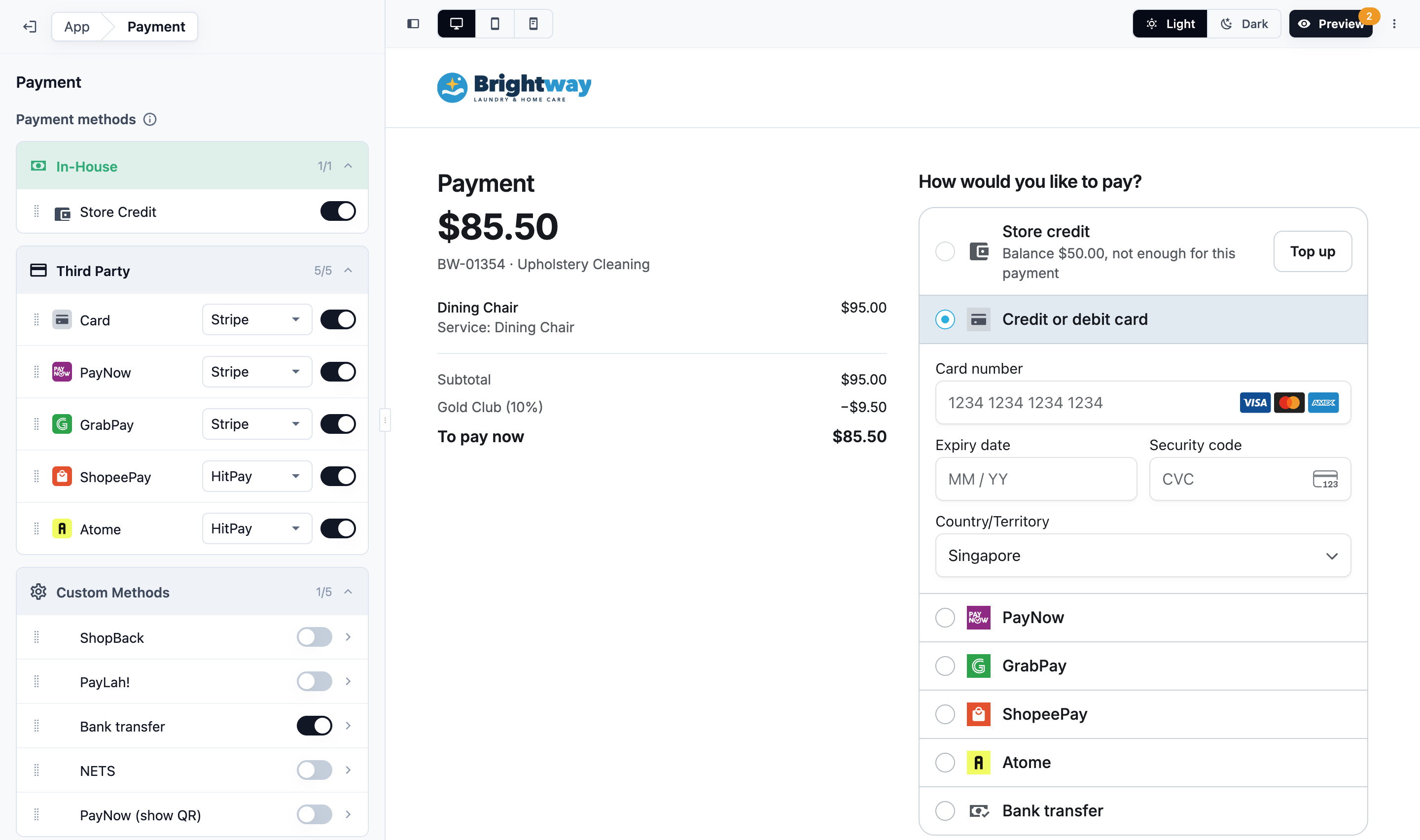 The store editor's Payment page, with Store Credit, Card, PayNow and a bank transfer switched on