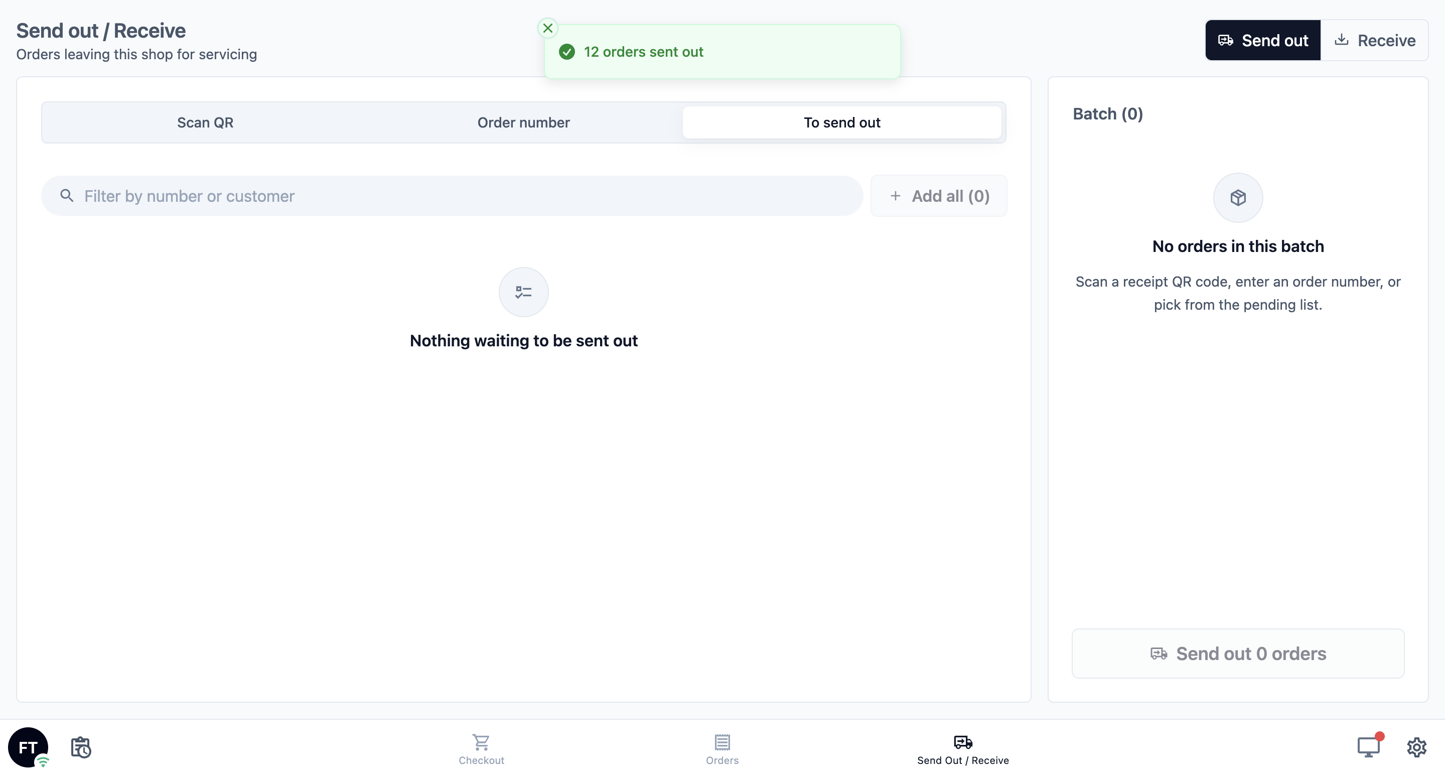 The POS after sending a batch, showing the 12 orders sent out message