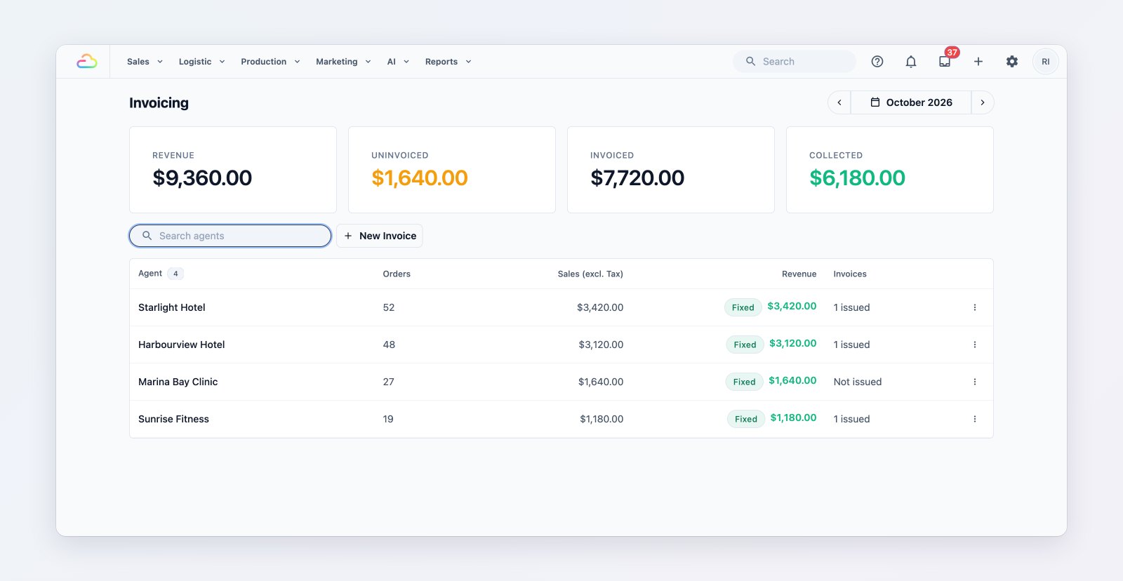The Invoicing page listing consolidated invoices for business customers with their status and amounts