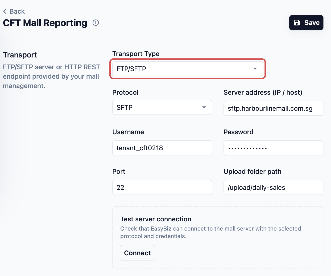 An outlet's Mall Reporting page with FTP/SFTP chosen as the Transport Type and the SFTP server details filled in
