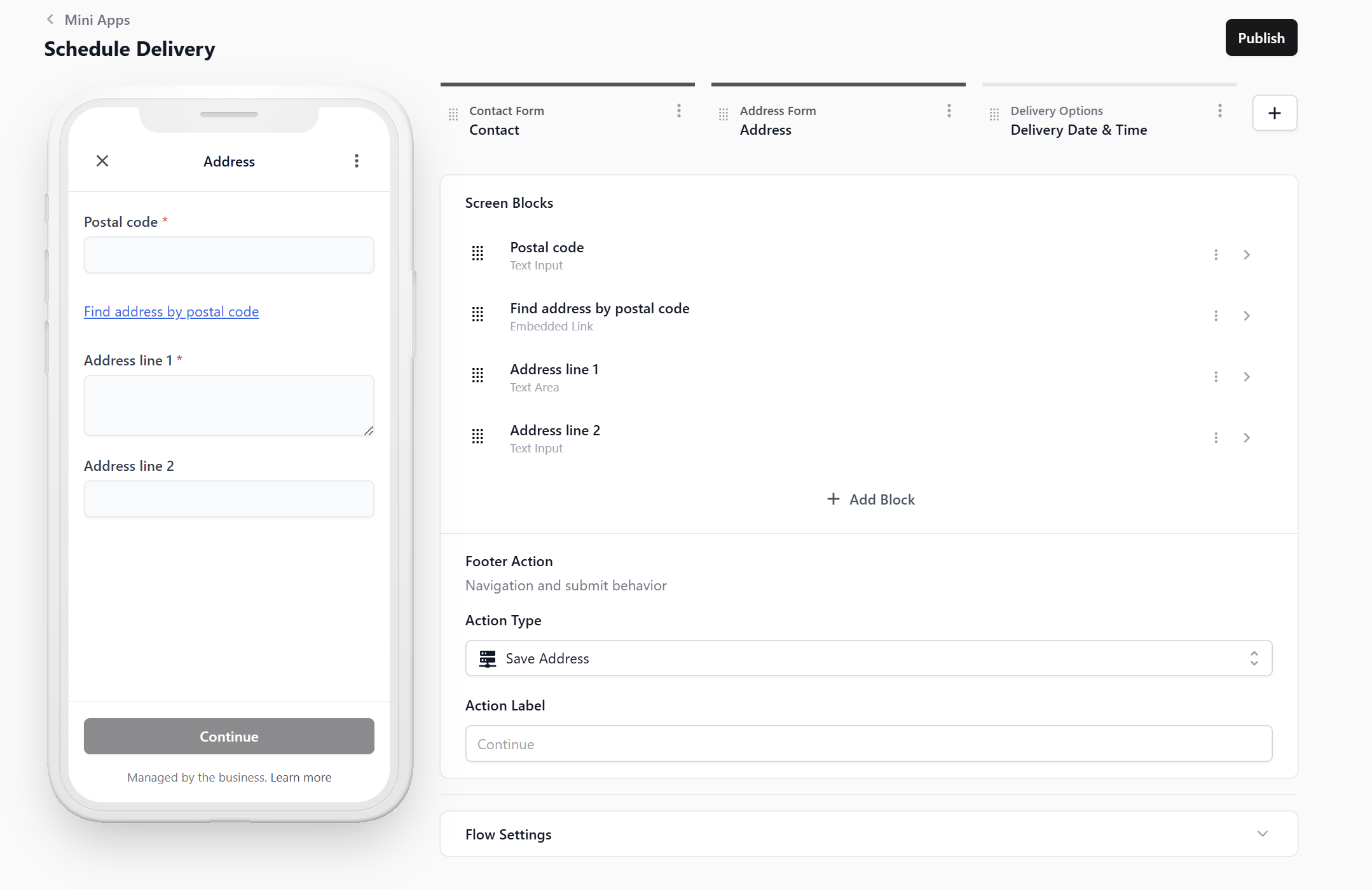 Footer Action set to Save Address.