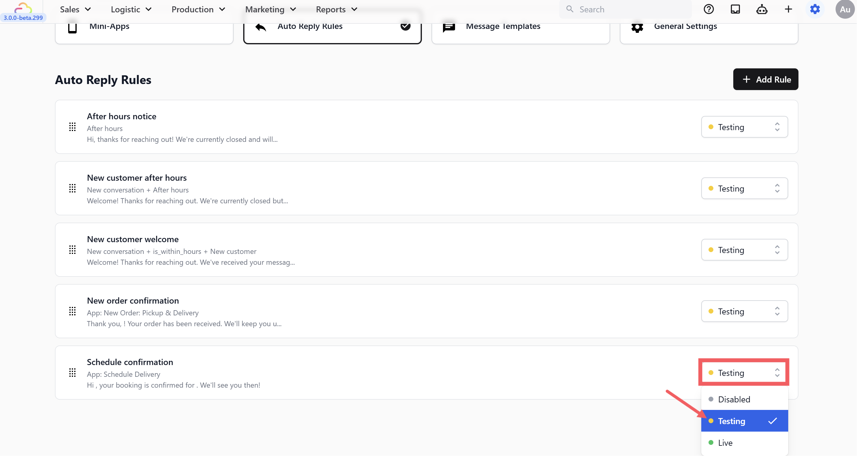 Set Status to Testing.