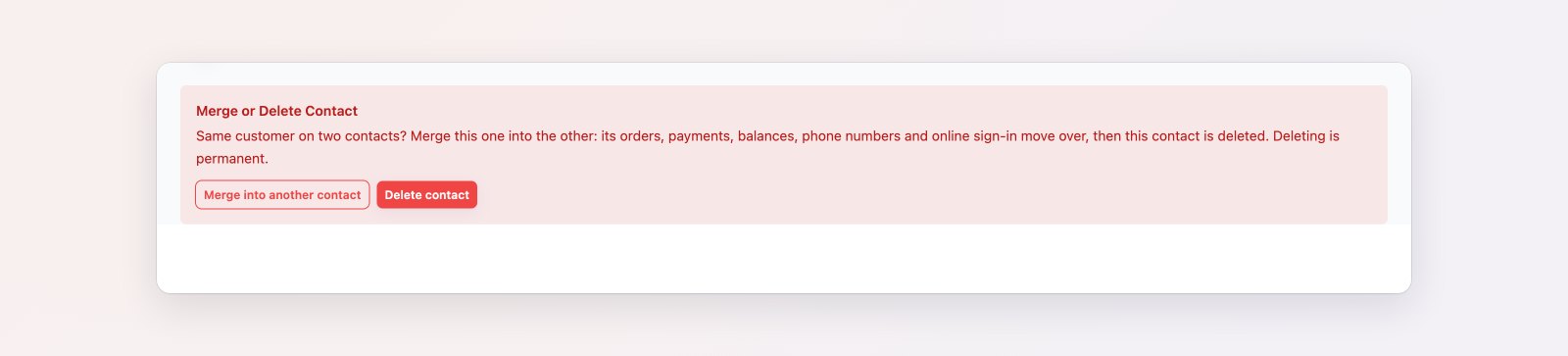 A contact page's Danger Zone with the Delete and merge option