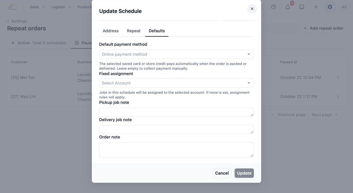 Default instructions for future orders