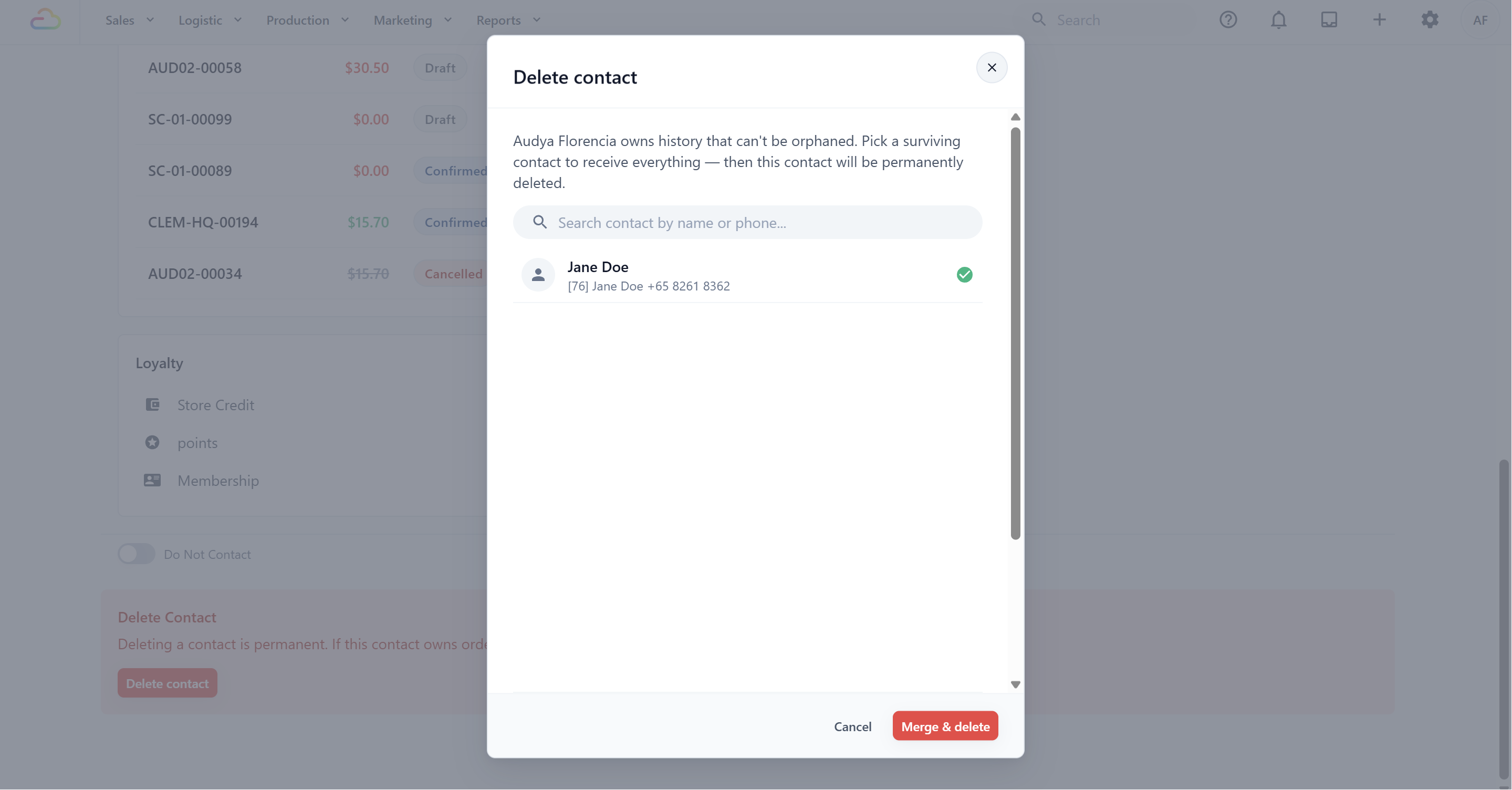 Delete contact window with a contact selected for the merge